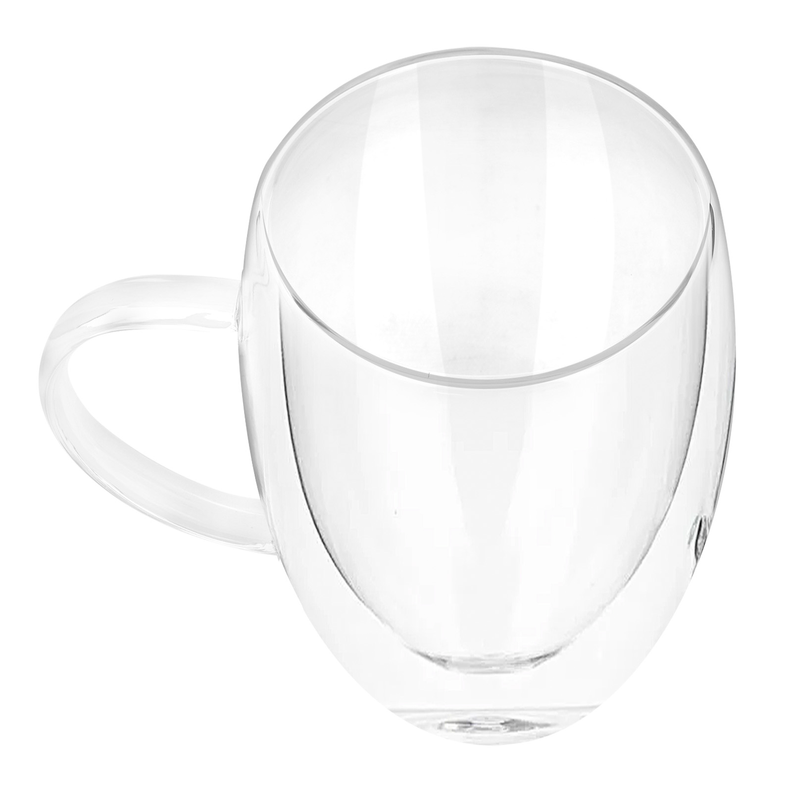 Doppelwandige Glas-Tasse mit Henkel, isoliert auf weißem Hintergrund.