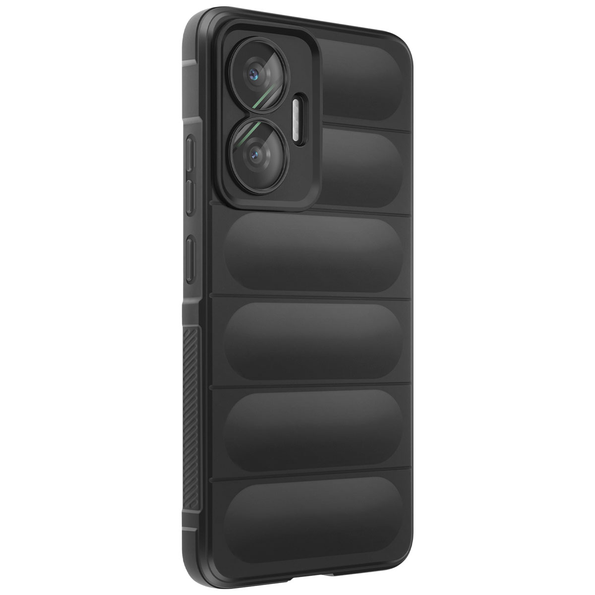 Custodia nera per telefono con texture trapuntata orizzontale e ritaglio doppia fotocamera.