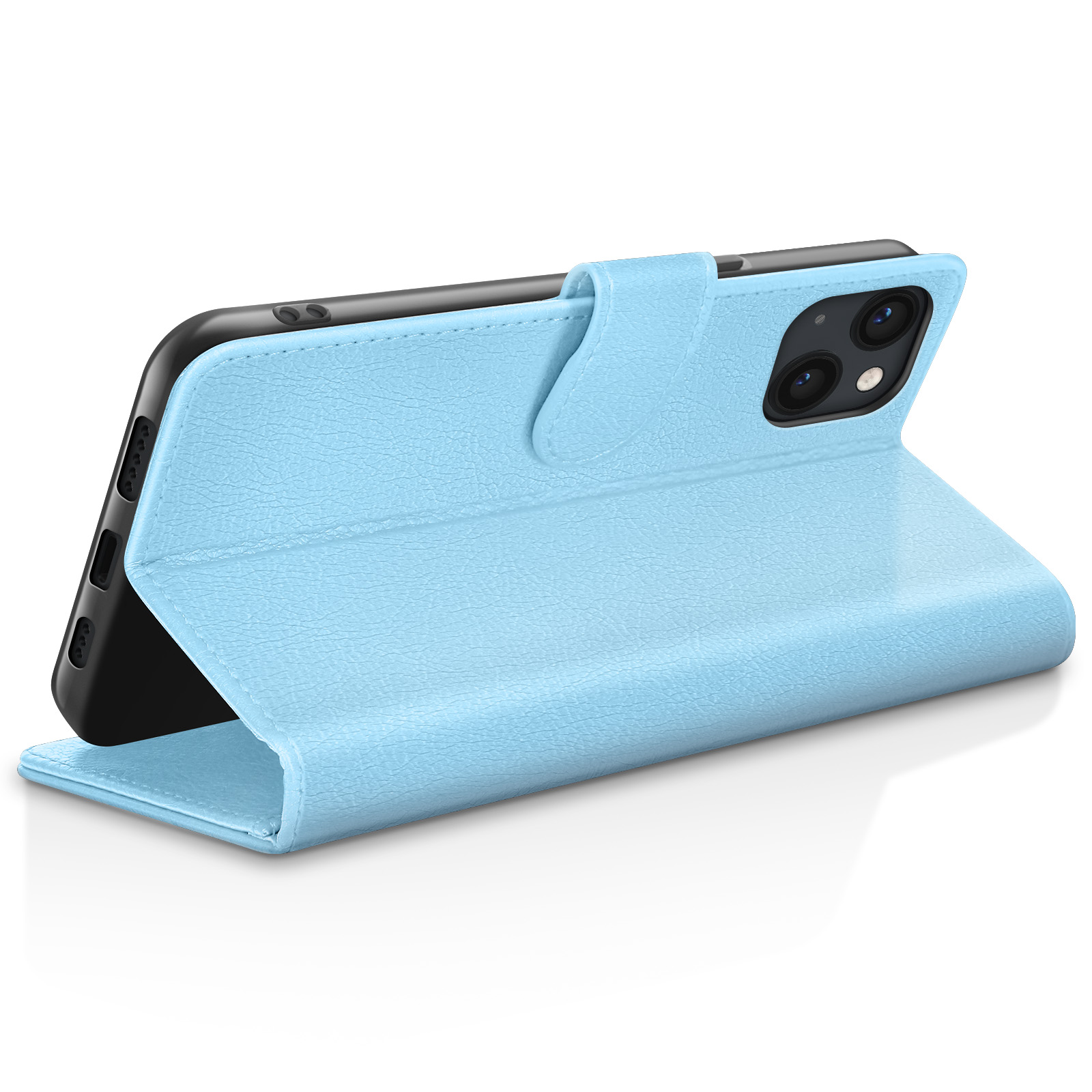 Een lichtblauwe telefoon in een flipcase die als standaard dient.