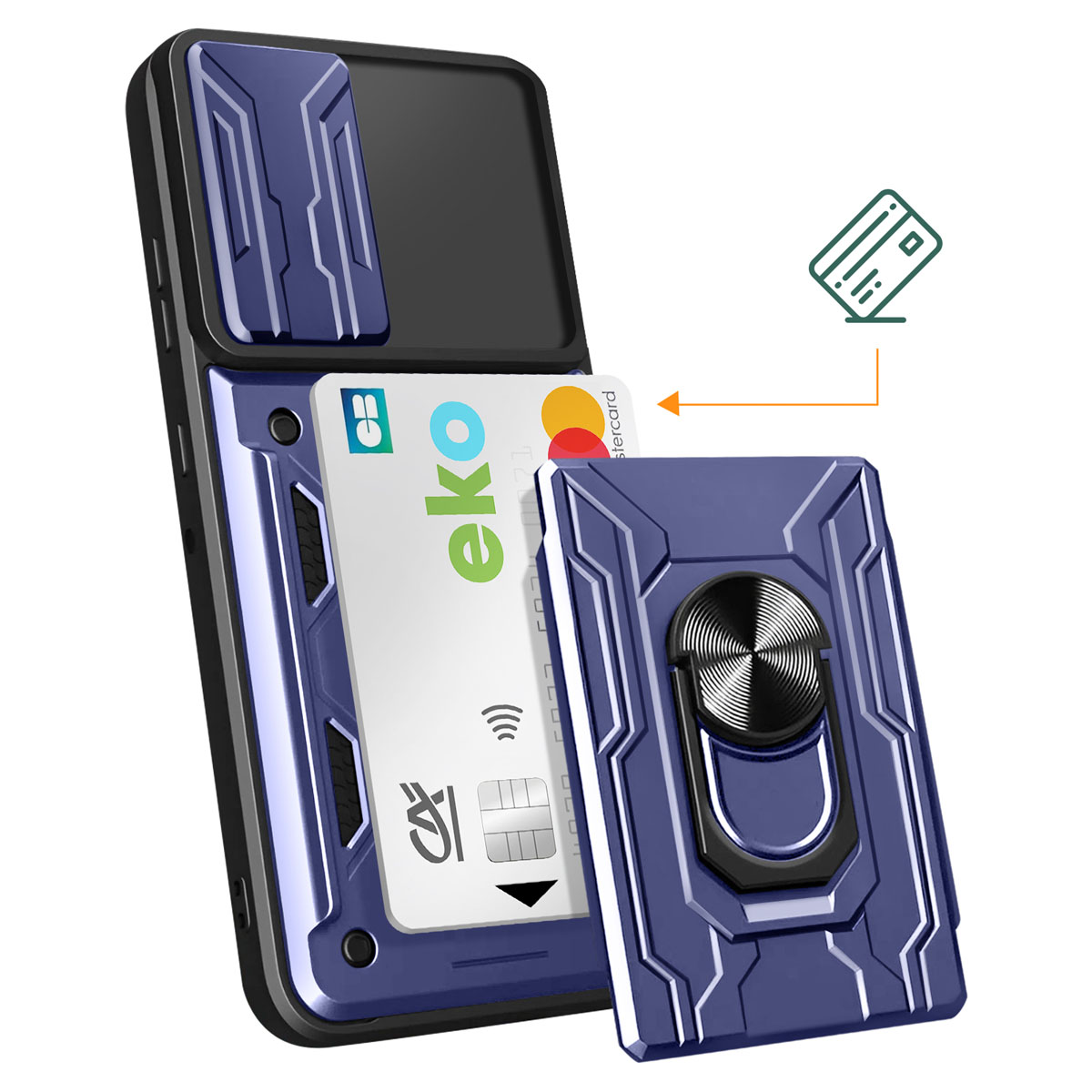 Custodia blu per telefono con slot per carte e anello.