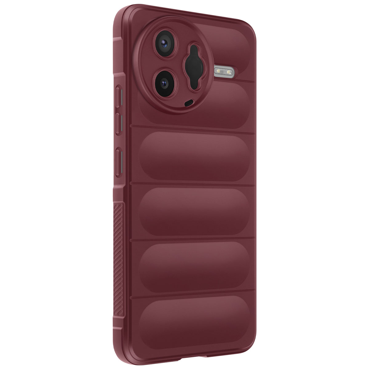 Una custodia per telefono color burgundy con imbottitura orizzontale e ritaglio fotocamera.