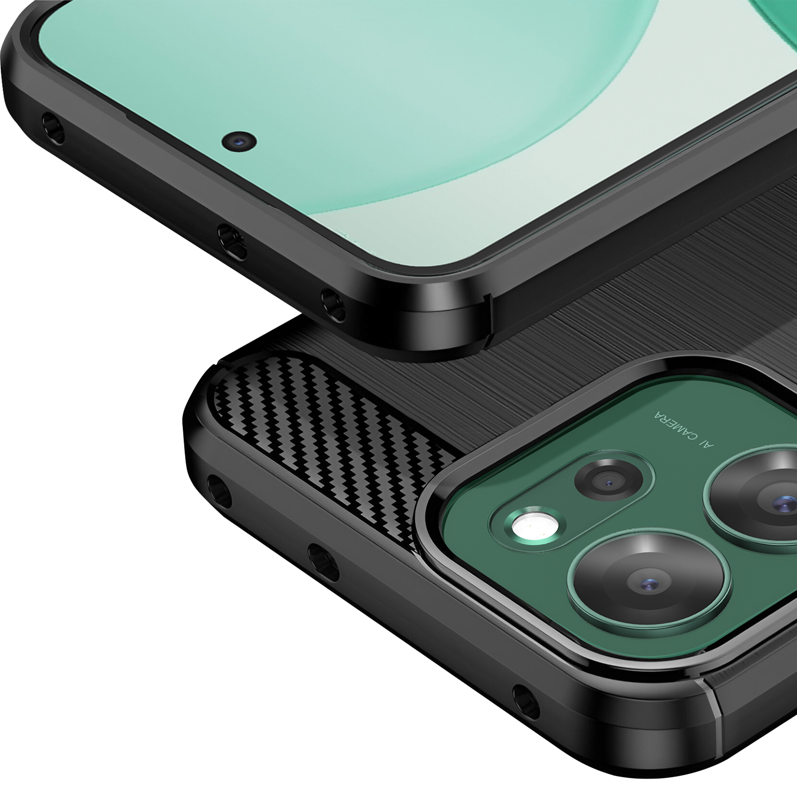 Gros plan d'une coque de téléphone noire avec motif carbone et lentilles de caméra.