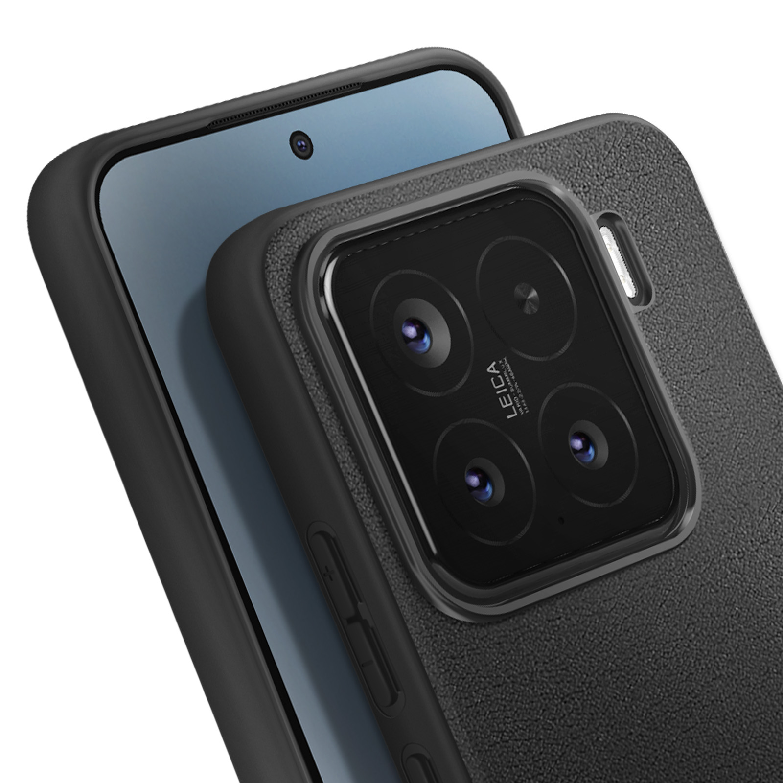 Rückseite eines schwarzen Smartphones mit Leica-Kamera und Panzerglas-Display.