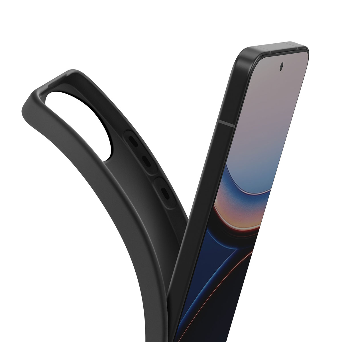 Uno smartphone nero con una custodia protettiva aperta su sfondo bianco.