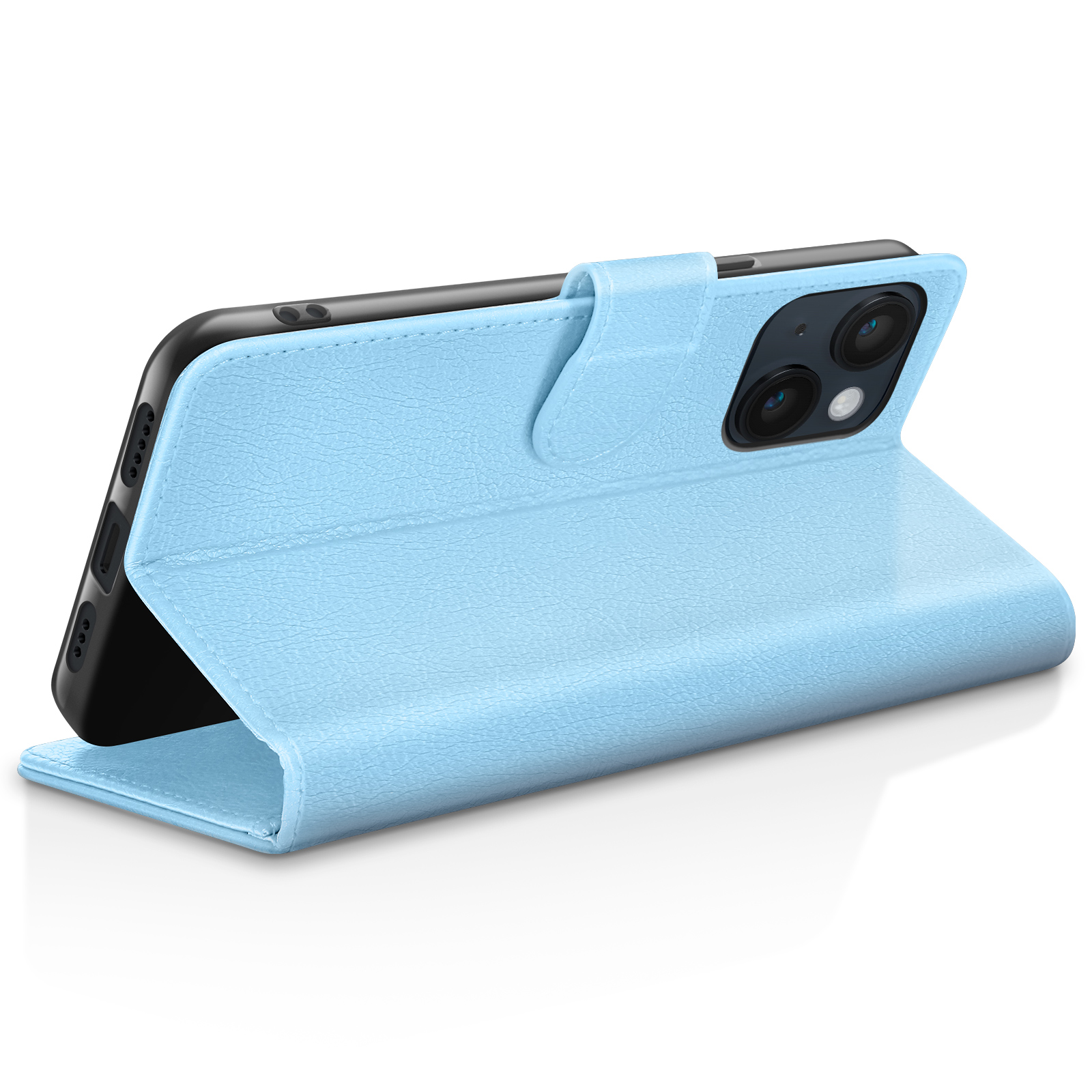 Lichtblauwe telefoon met open boekstijl hoes, rustend op een witte ondergrond.