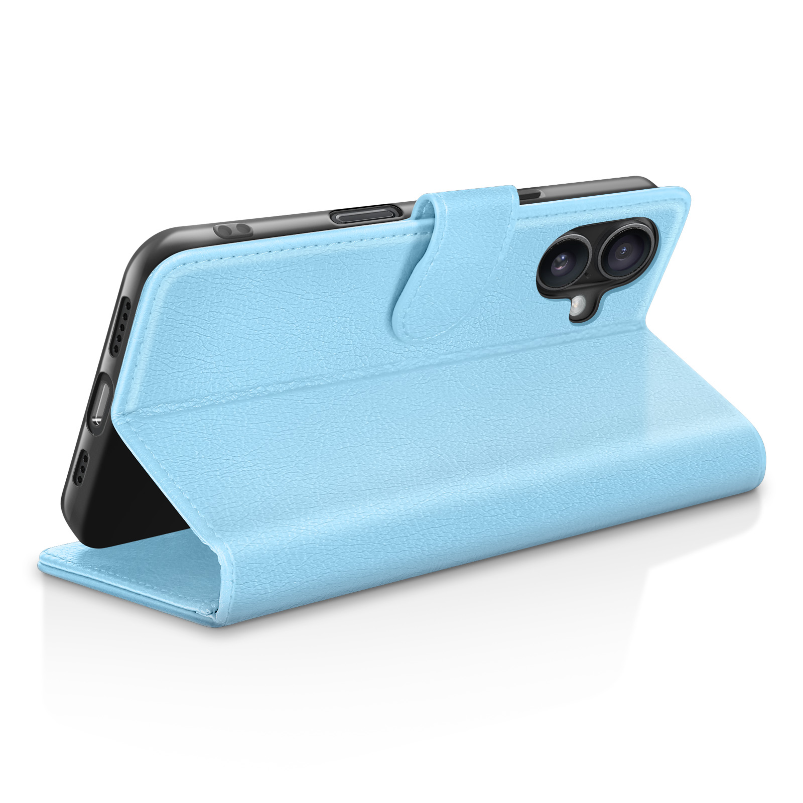 Een lichtblauwe flipcase voor een smartphone, staand op witte achtergrond.