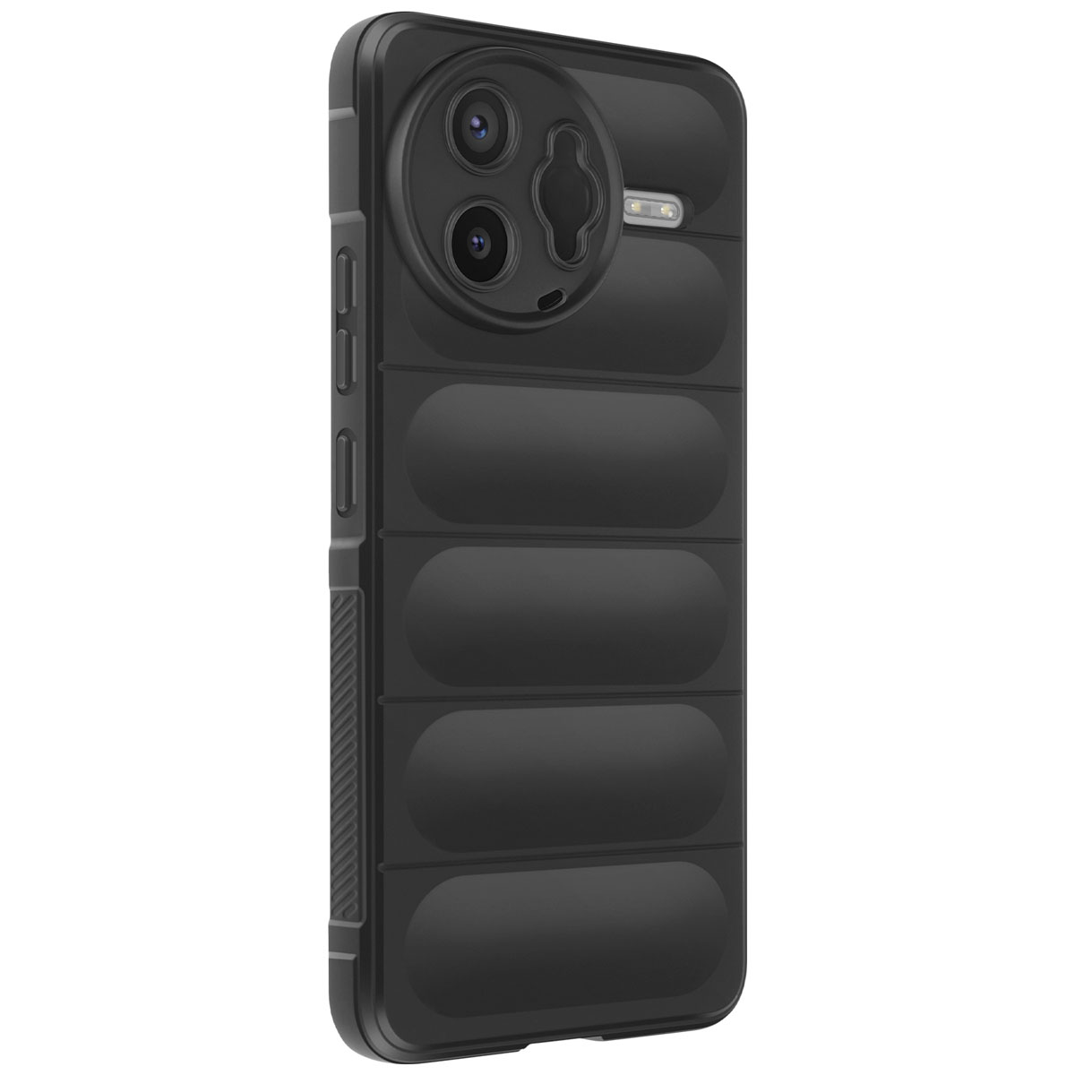 Custodia nera per telefono con creste orizzontali e ritaglio rotondo per modulo fotocamera.