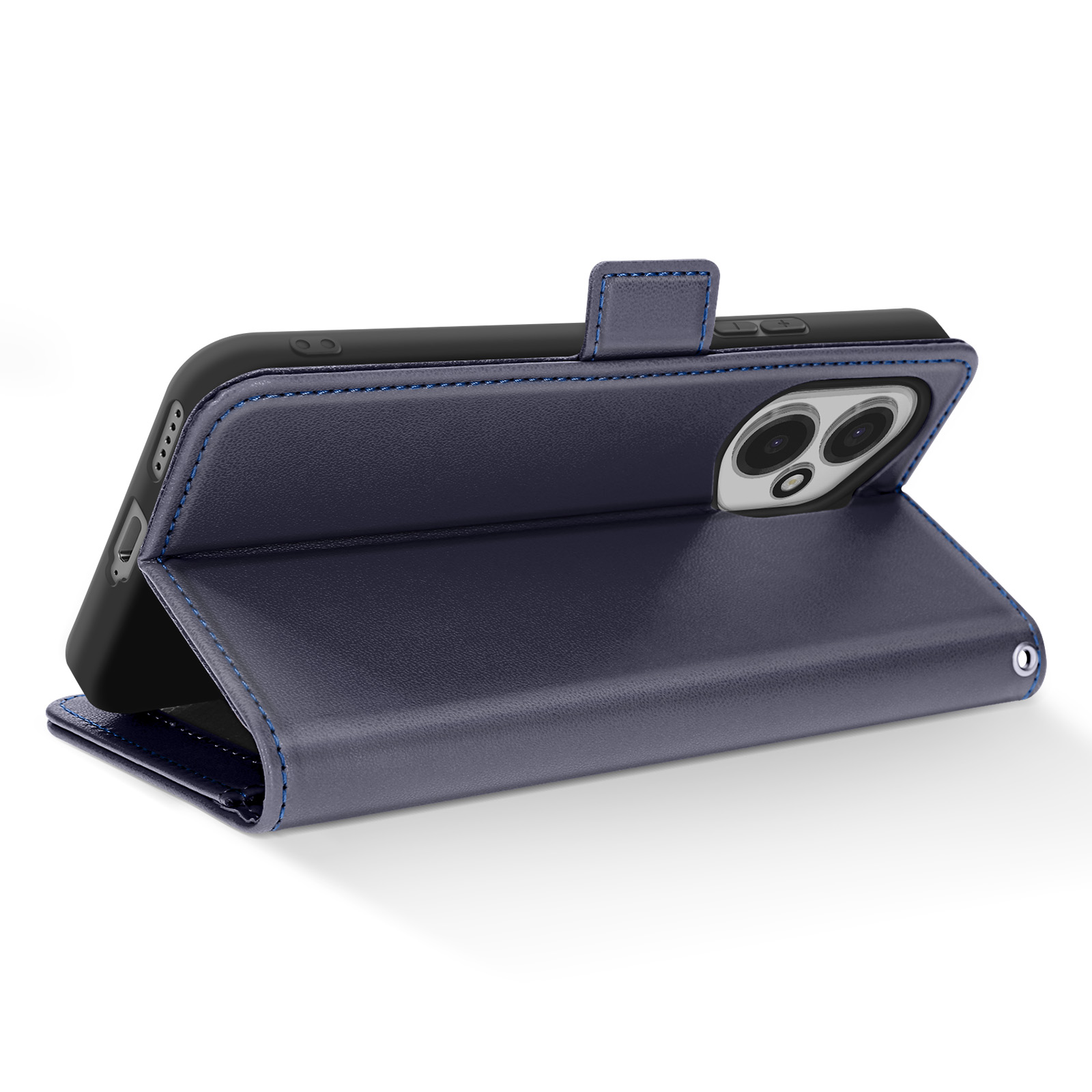 Custodia in pelle blu scuro con cuciture blu, mostrata aperta.