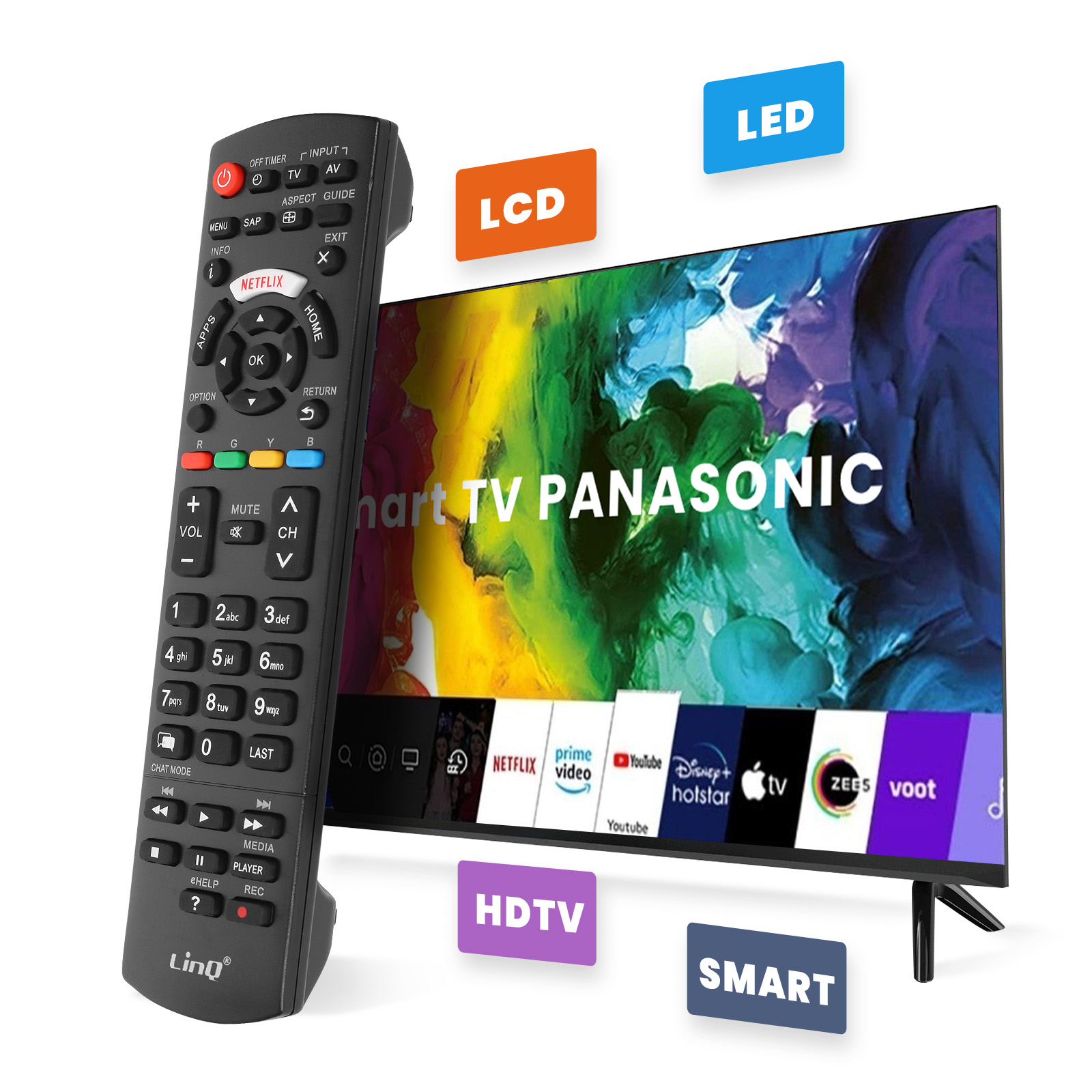 Un control remoto negro descansa junto a un Smart TV Panasonic con gráficos de humo coloridos.
