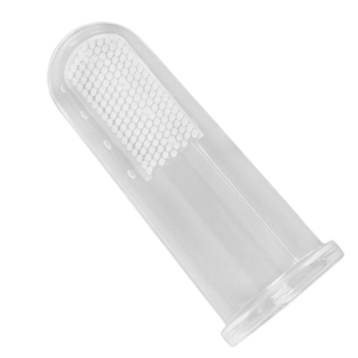 Un ditale per spazzolino da denti in silicone trasparente con molte piccole protuberanze.