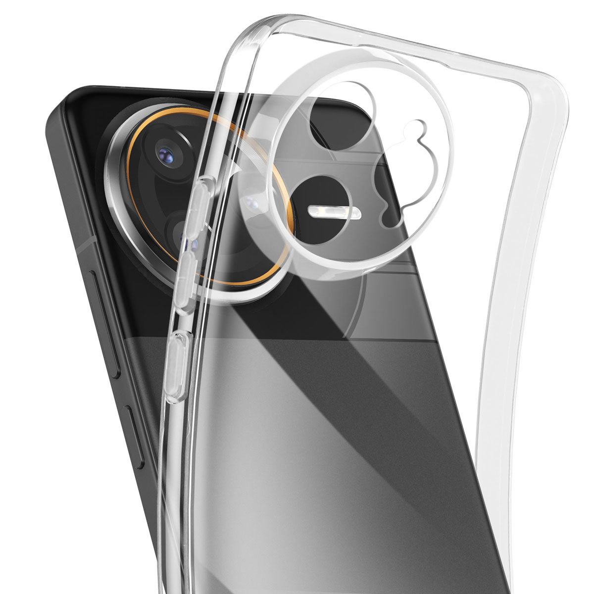 Custodia trasparente per telefono su smartphone con obiettivo della fotocamera. Sfondo bianco.