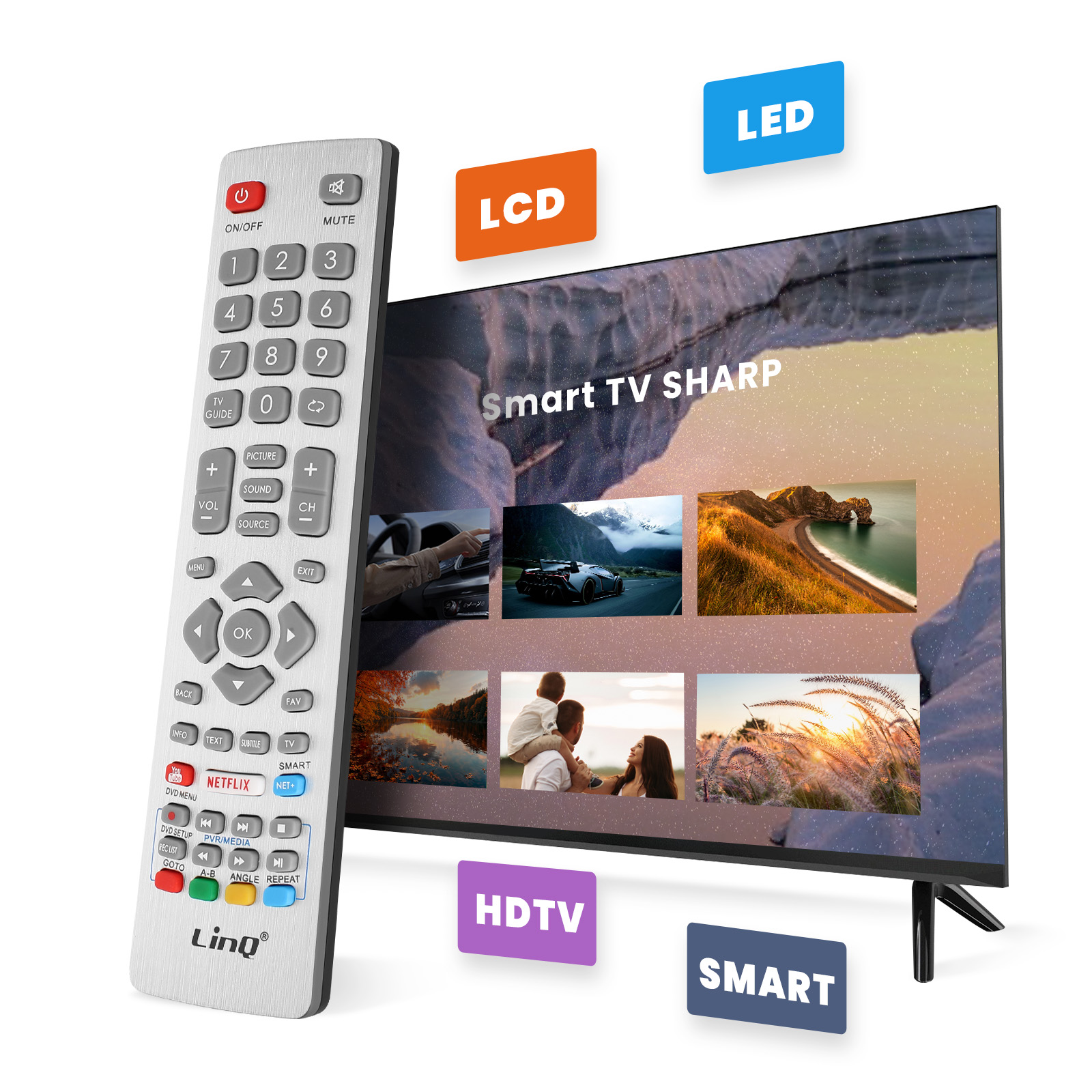 Un mando a distancia plateado está a la izquierda de un Smart TV con varias imágenes.