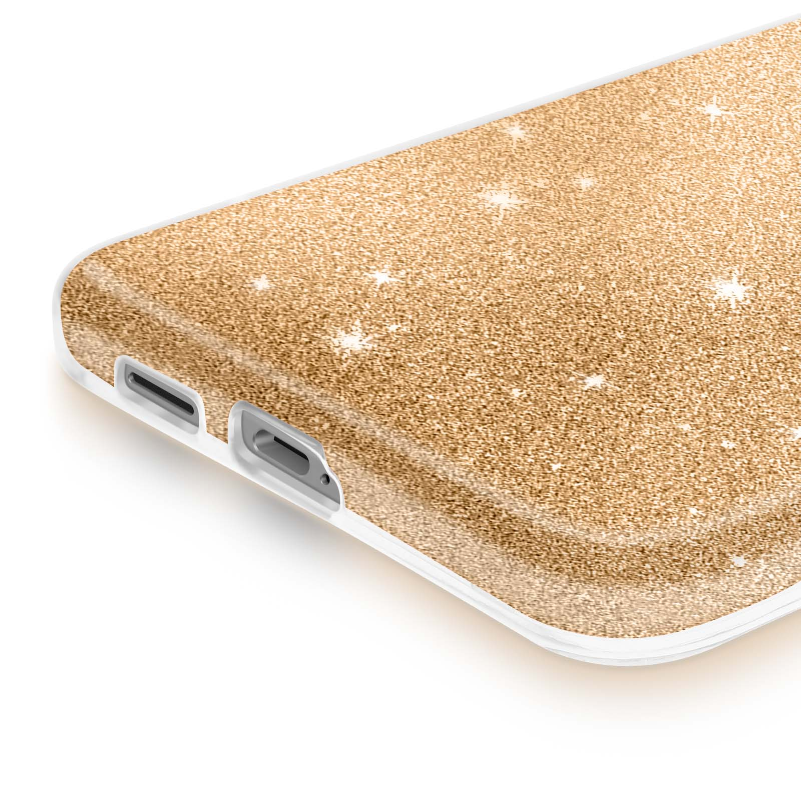 Coque dorée pailletée avec accents étoiles sur fond blanc.