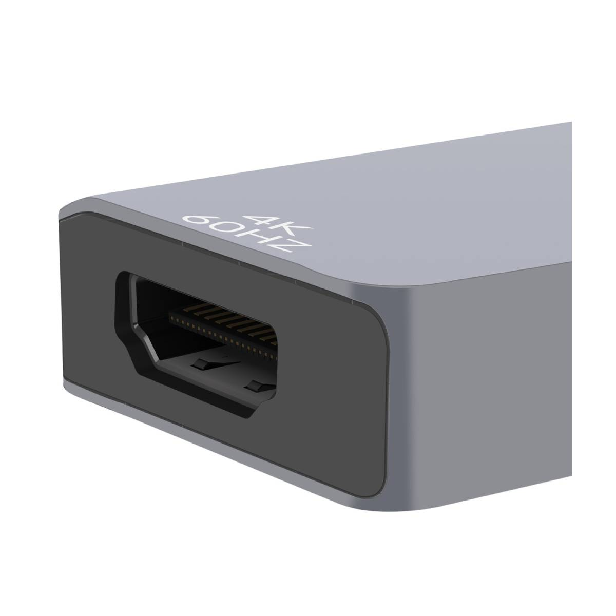 Adattatore grigio con porta HDMI e testo
