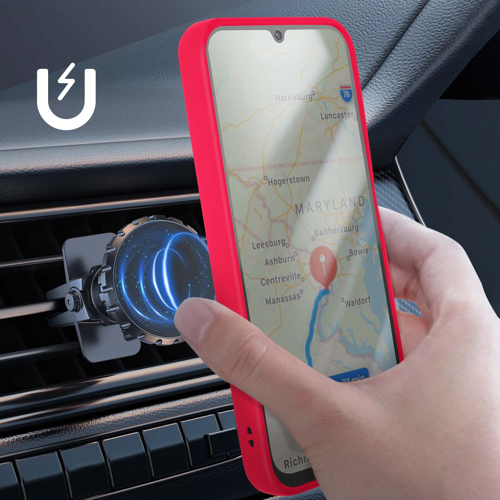 Coque de téléphone rouge avec app de navigation, fixée à un support d'aérateur de voiture.