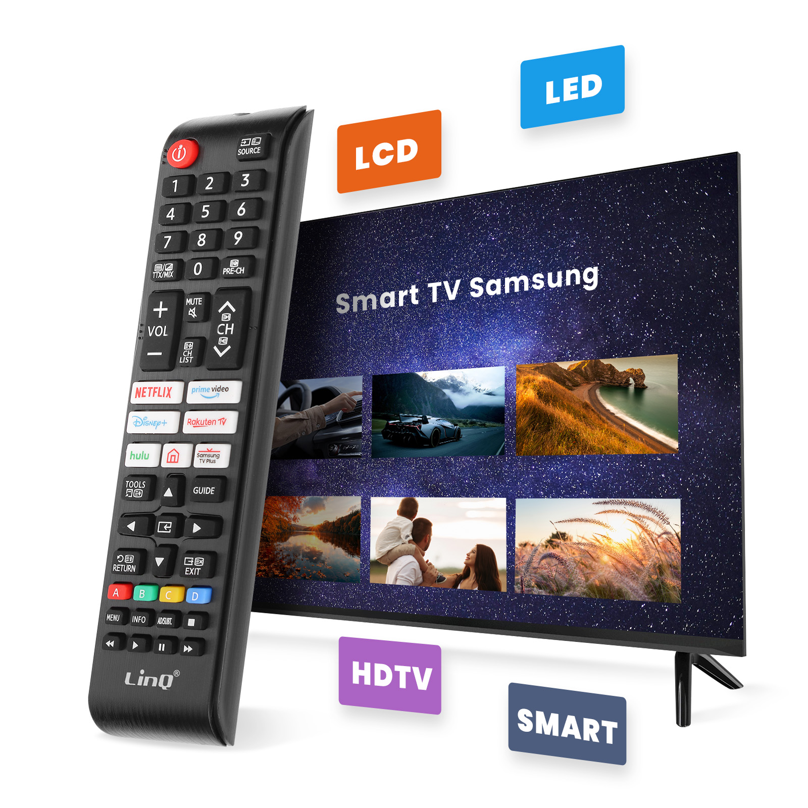 Un Smart TV Samsung con mando, etiquetas LCD, LED y HDTV.