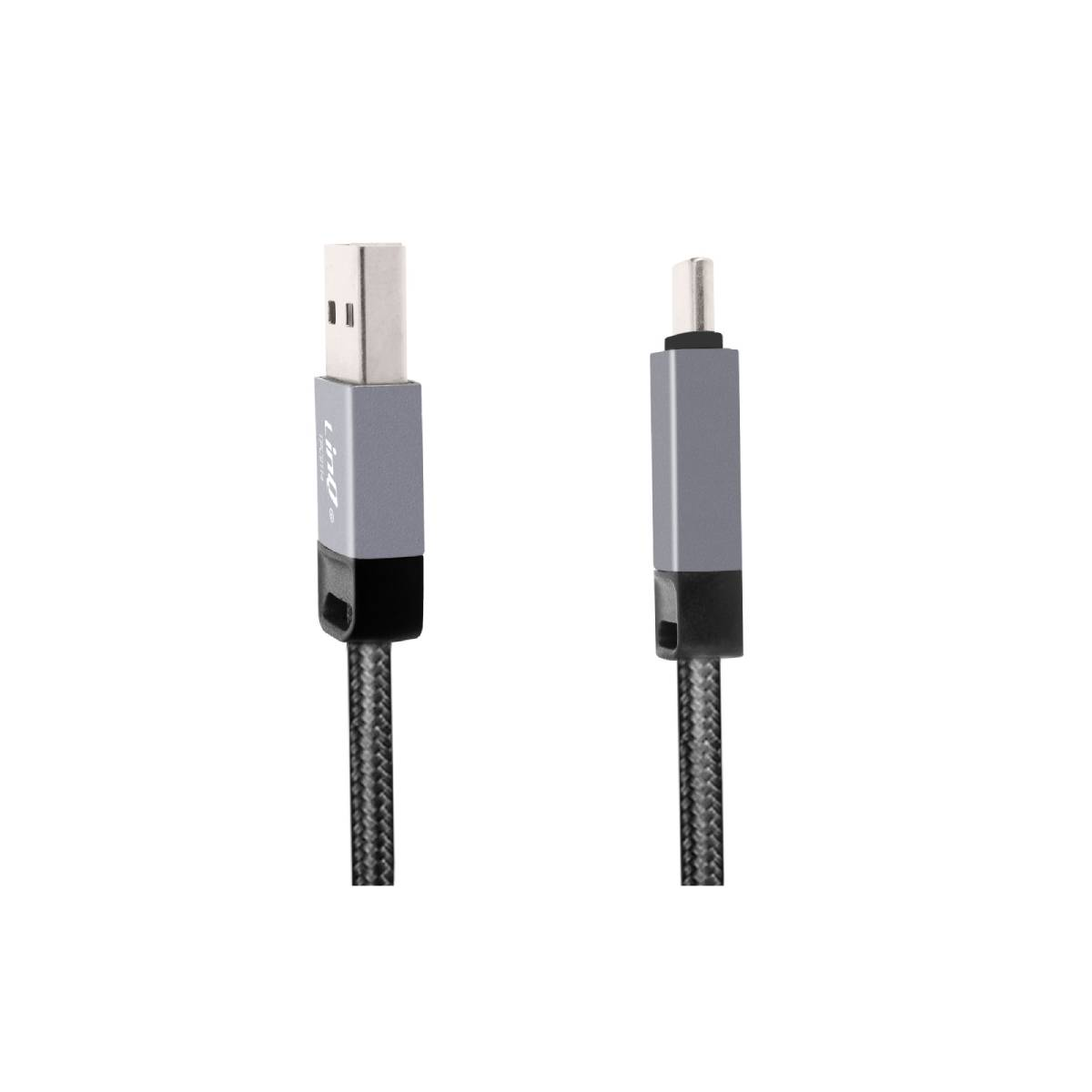 Due estremità di cavo USB con connettori argentati e custodie grigie su bianco.
