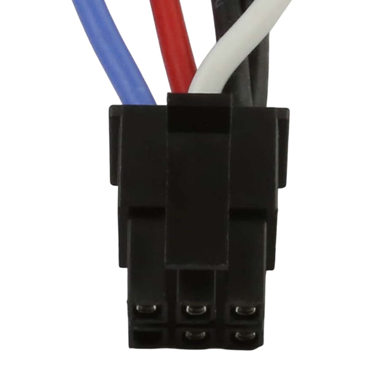 Connettore nero con fili blu, rosso, bianco e nero.