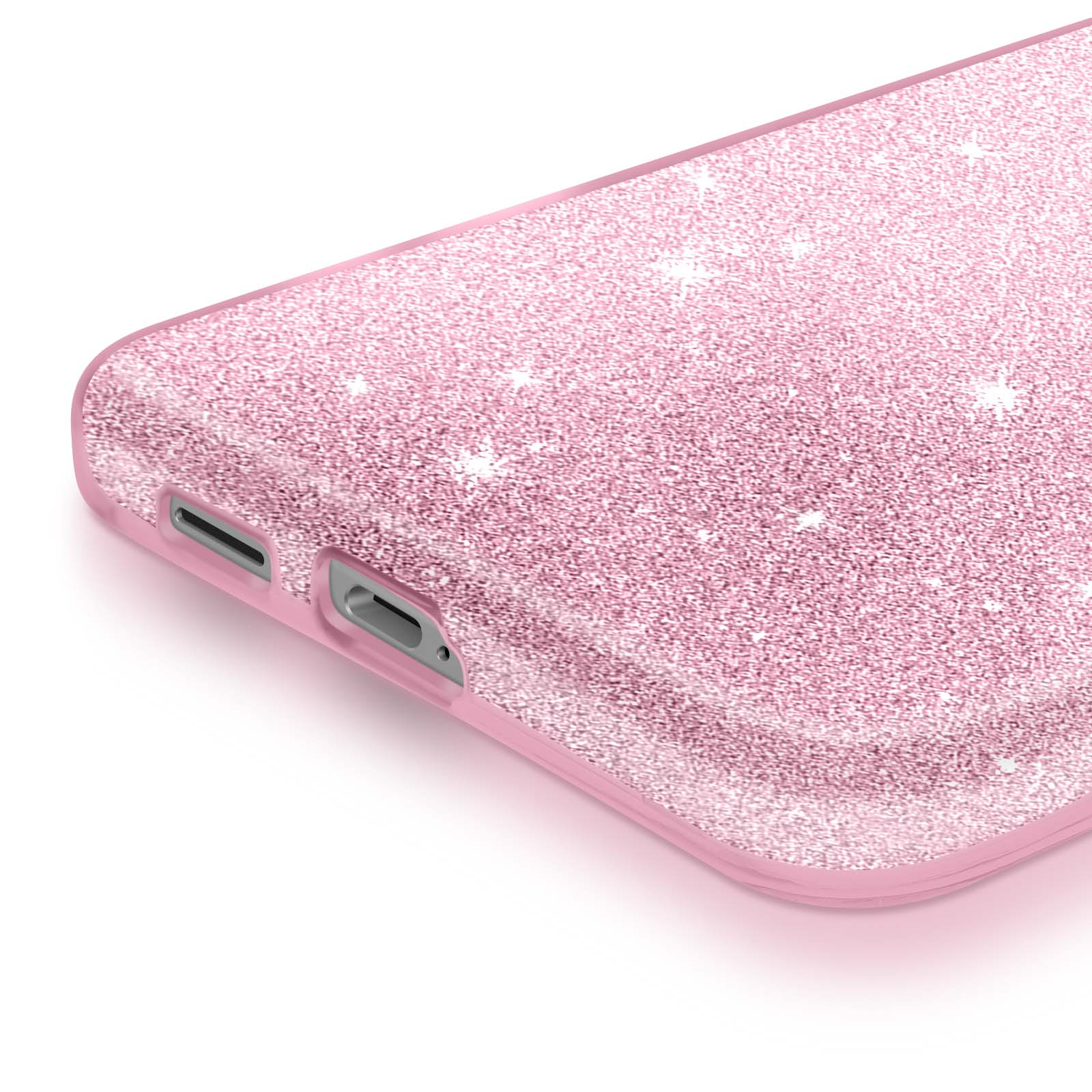 Een roze glitter telefoonhoesje met uitsparingen voor poorten.