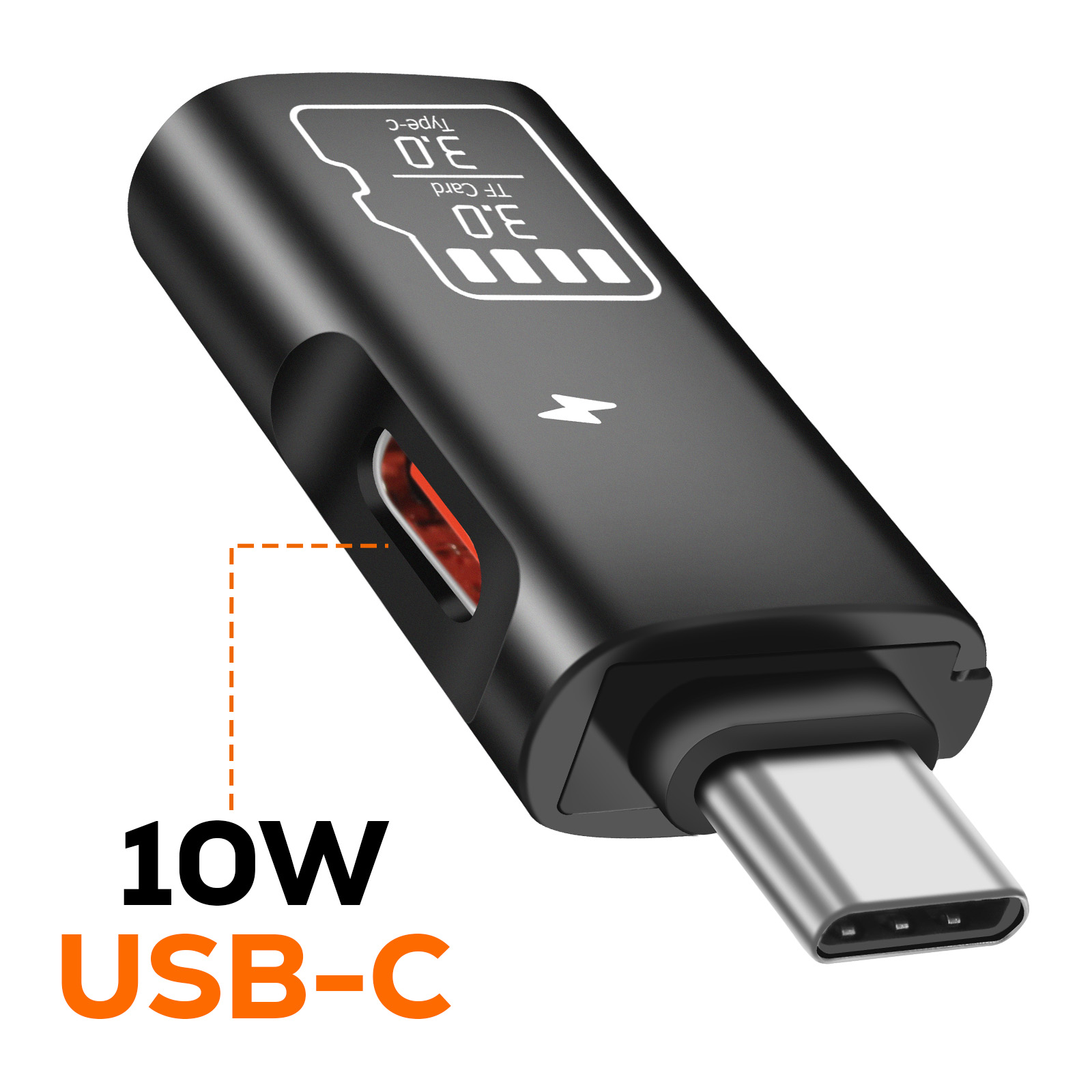 Adaptador USB-C negro con ranura para tarjeta TF y marca de 10W.