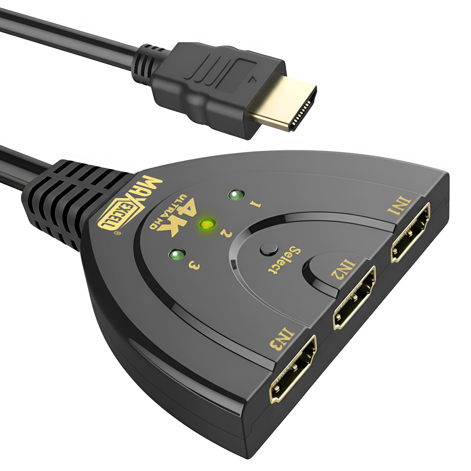 Uno switch HDMI nero a 3 porte con logo 4K e spie verdi.