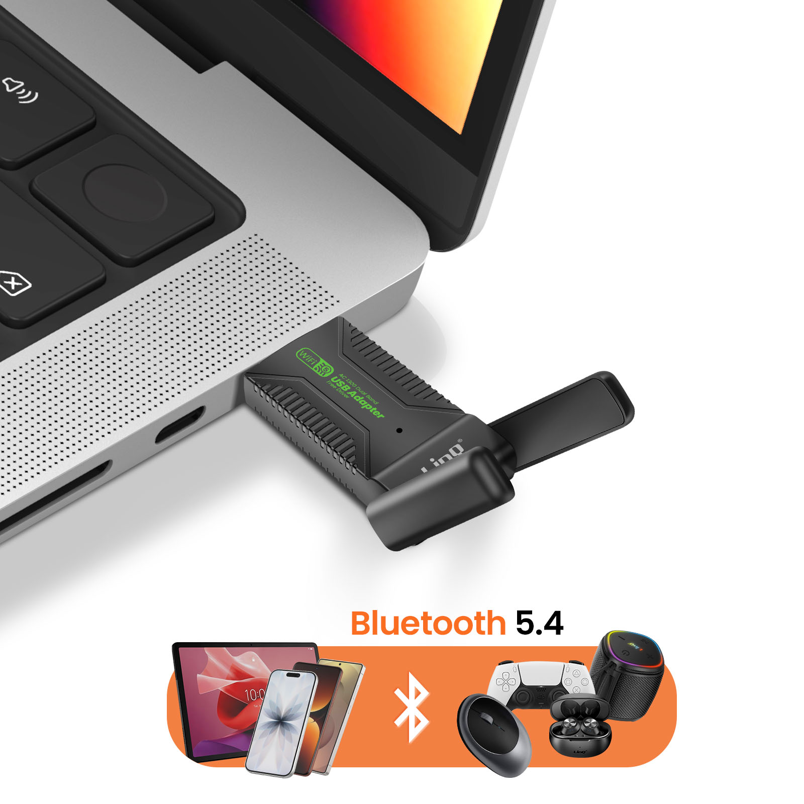 Un adaptador USB WiFi conectado a un portátil. Al lado, smartphones, mando, ratón, auriculares y altavoz.