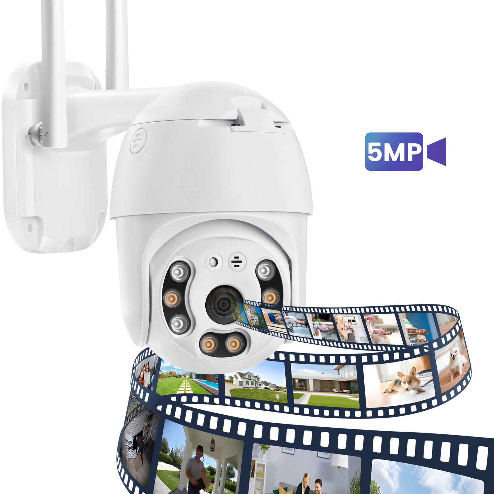Eine weiße 5MP-Überwachungskamera mit Filmstreifen-Vorschau, die Szenen zeigt.
