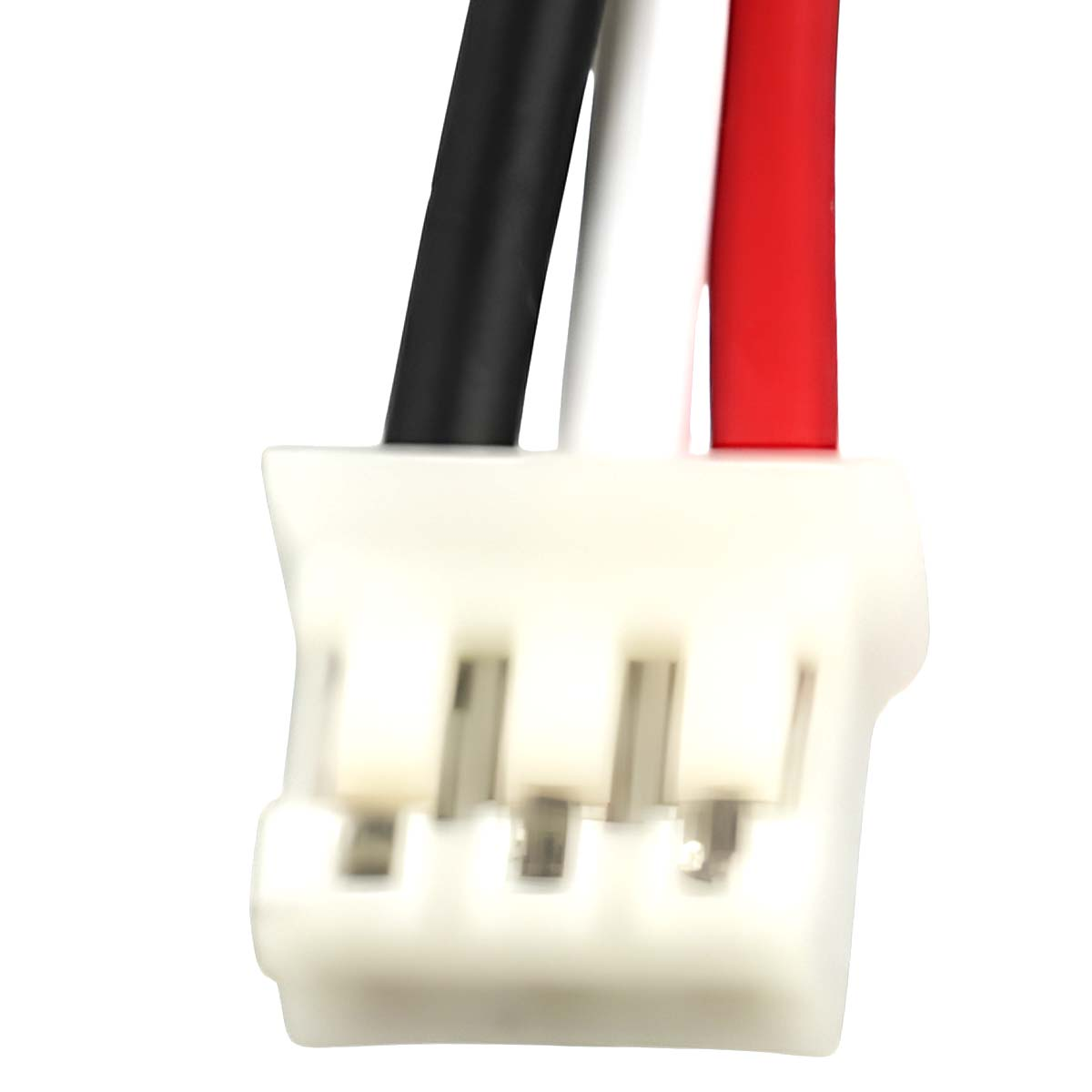 Un connettore bianco con cavi nero e rosso.