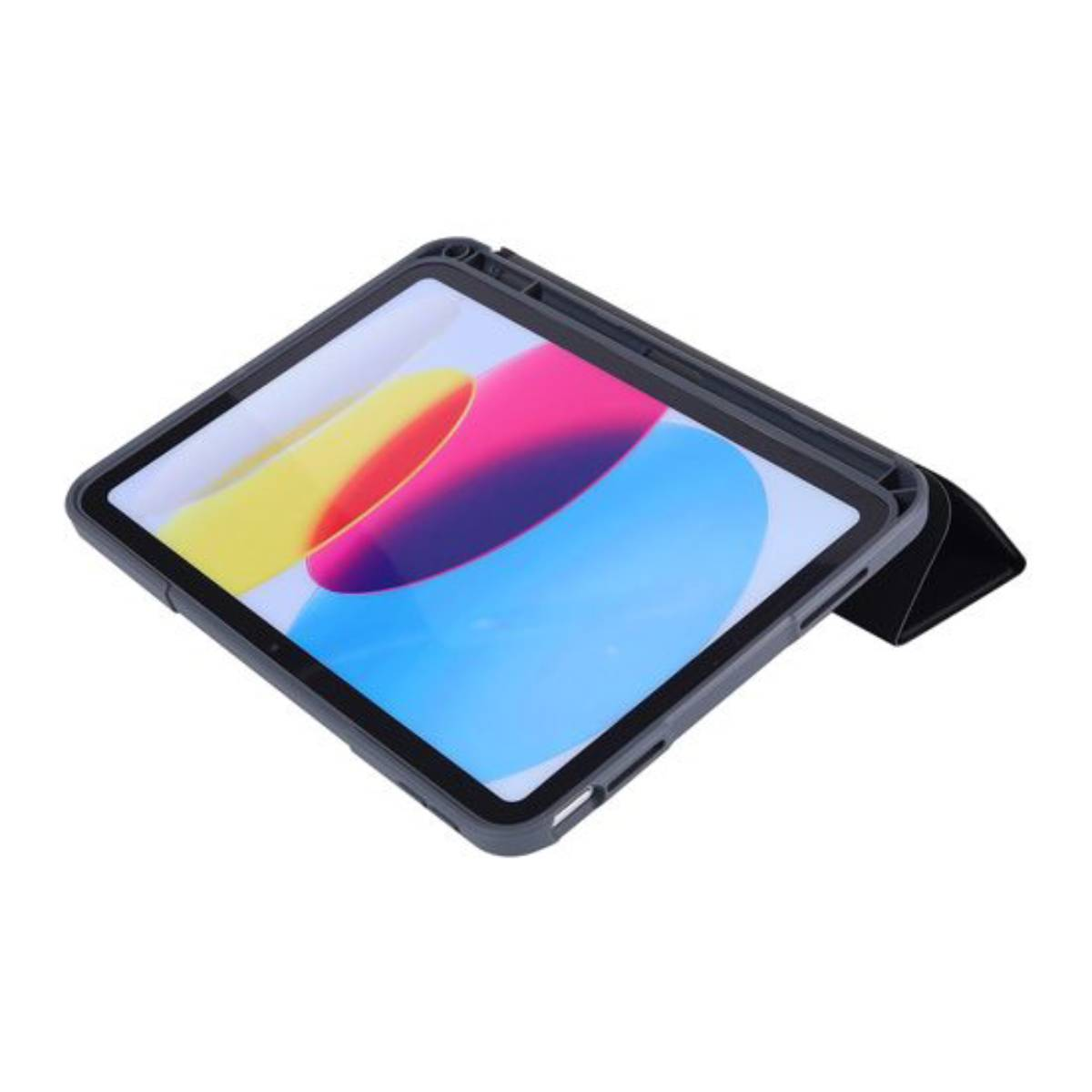 Un tablet grigio con una grafica di sfondo colorata in una custodia protettiva.