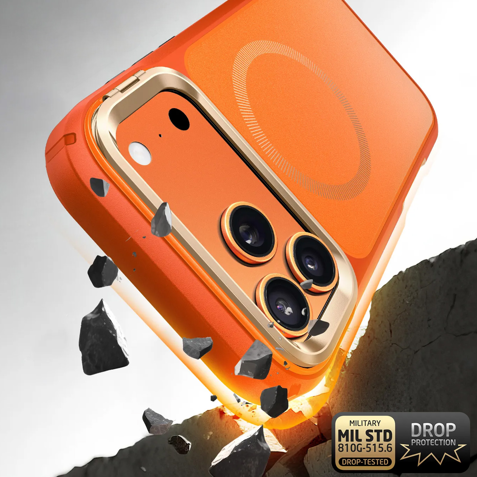 Oranje telefoonhoes valt, stenen vliegen, toont militaire valtest.