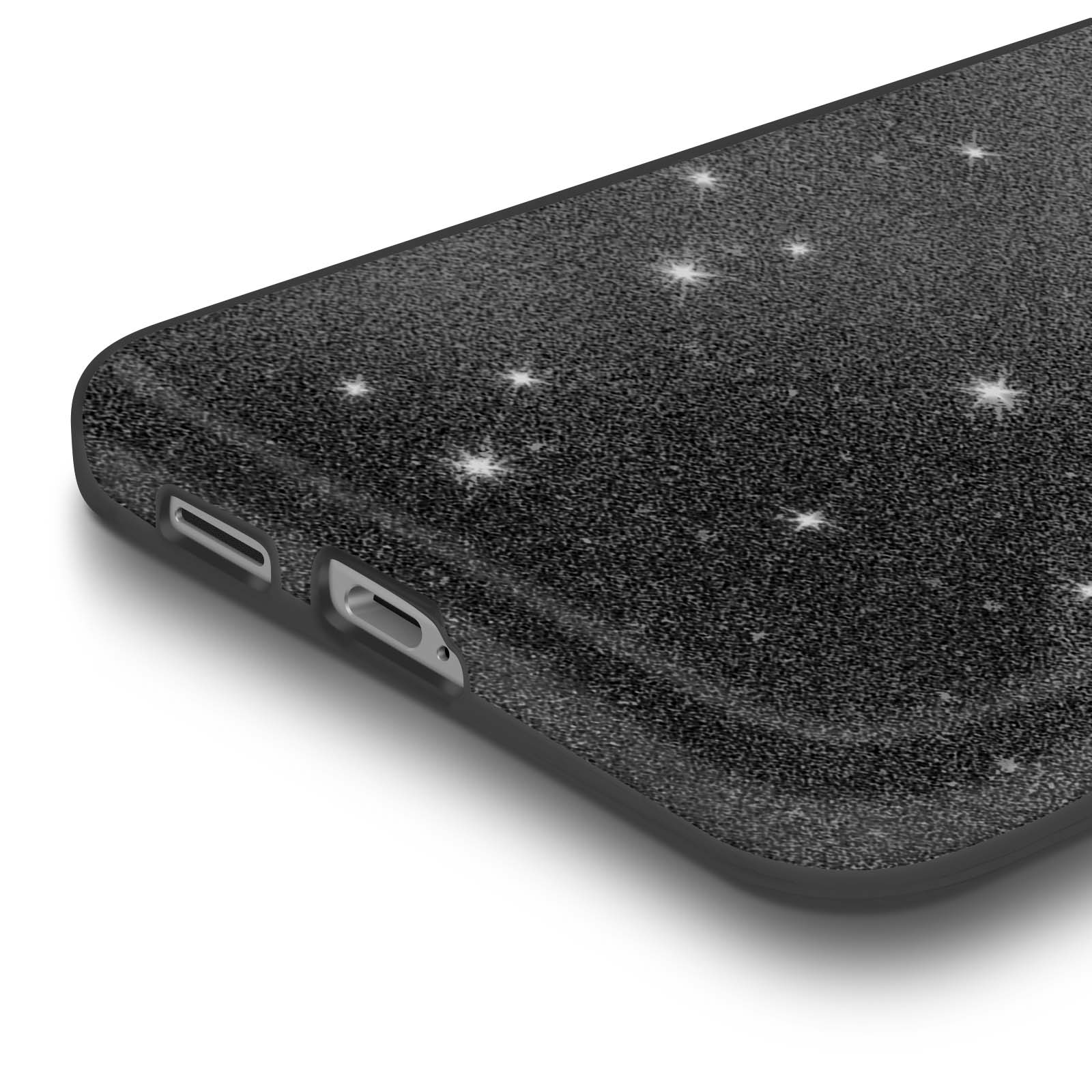 Zwarte telefoonhoes met glittereffect en sterrenontwerp.