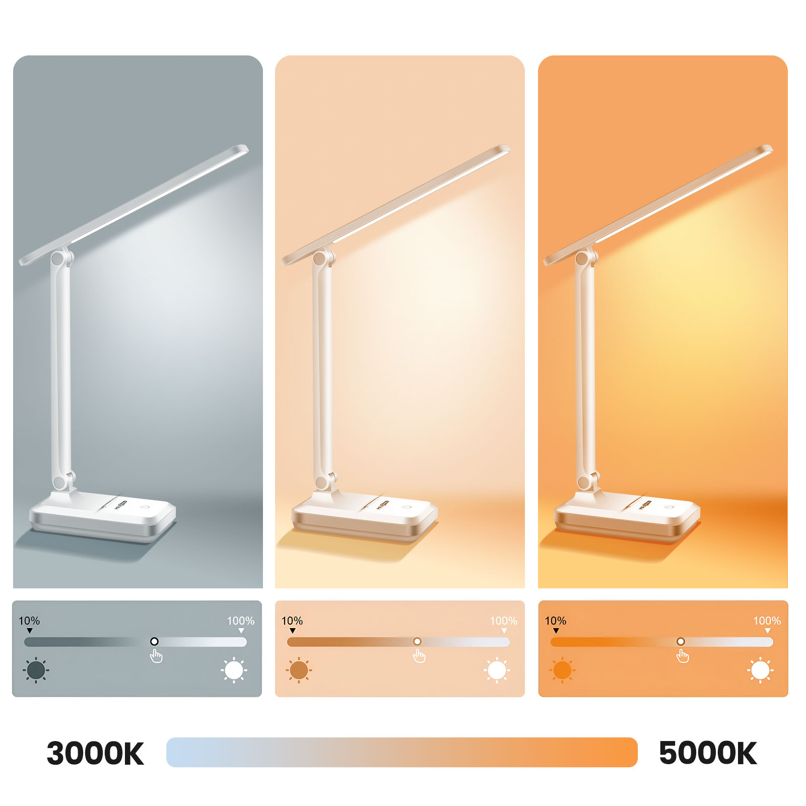 Una lámpara de escritorio LED blanca en tres variaciones de color y brillo.