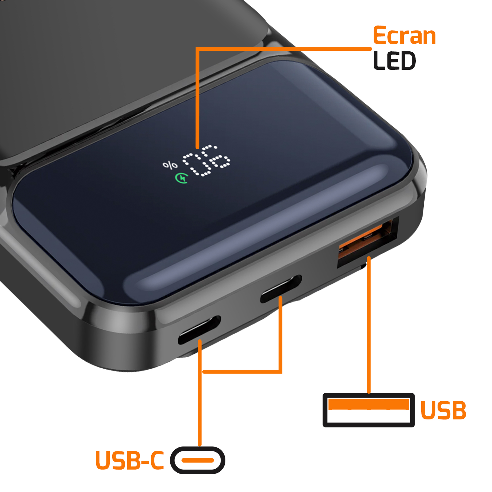 Un power bank nero con display LED che mostra 66%. Porte USB-C e USB.