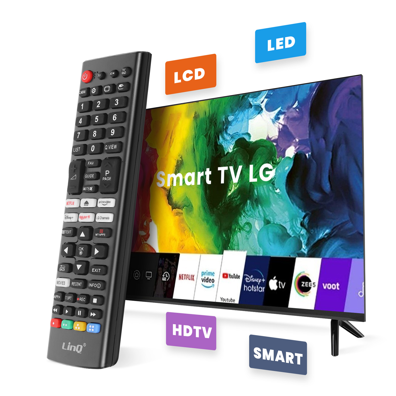 Un televisor inteligente con mando a distancia, LCD, LED y opciones HDTV.
