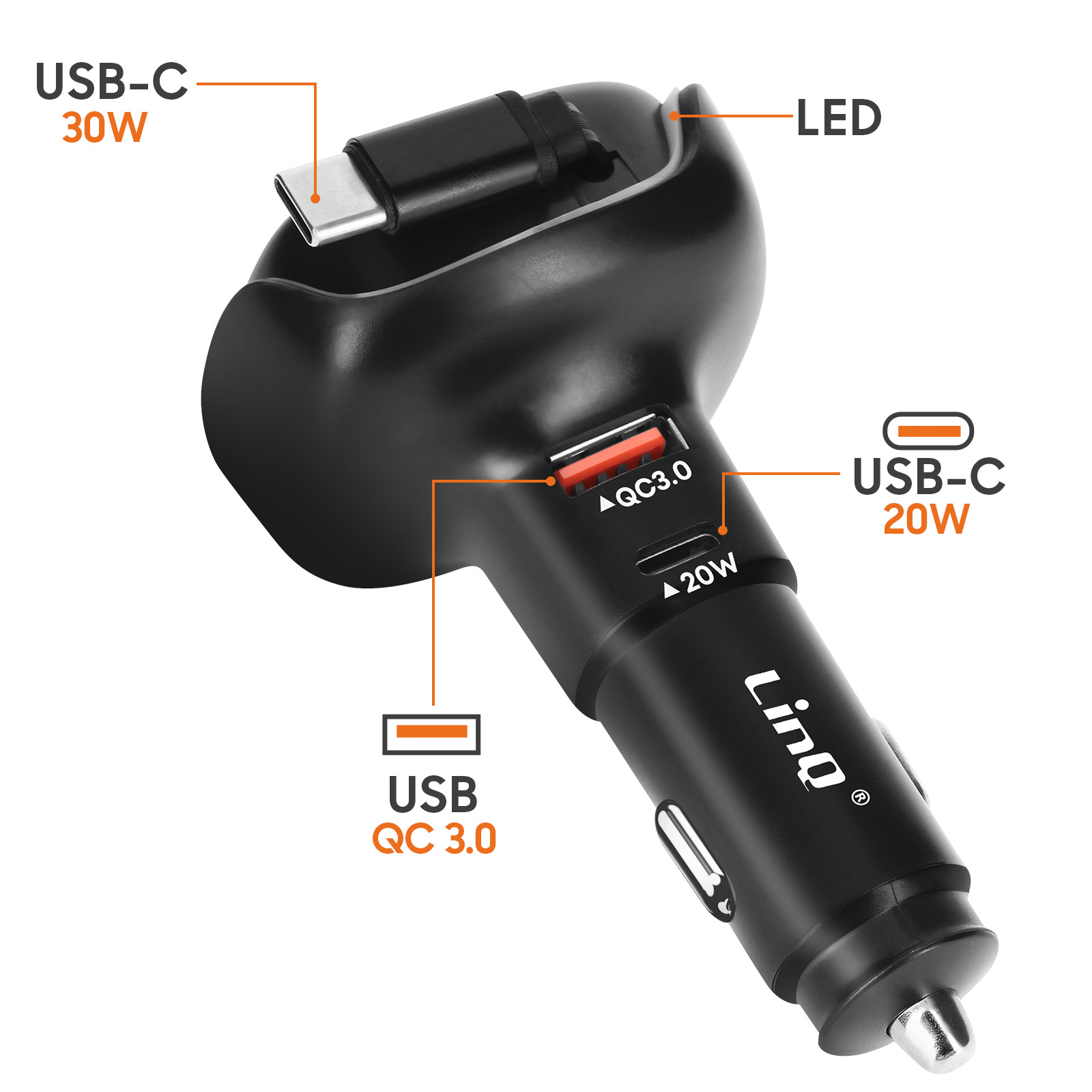 Caricatore USB per auto nero con porte USB-C (30W, 20W) e QC 3.0.
