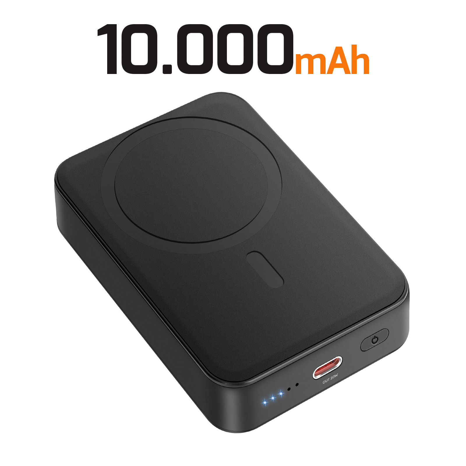 Power bank nera da 10.000 mAh con indicatore di carica e porta USB-C.
