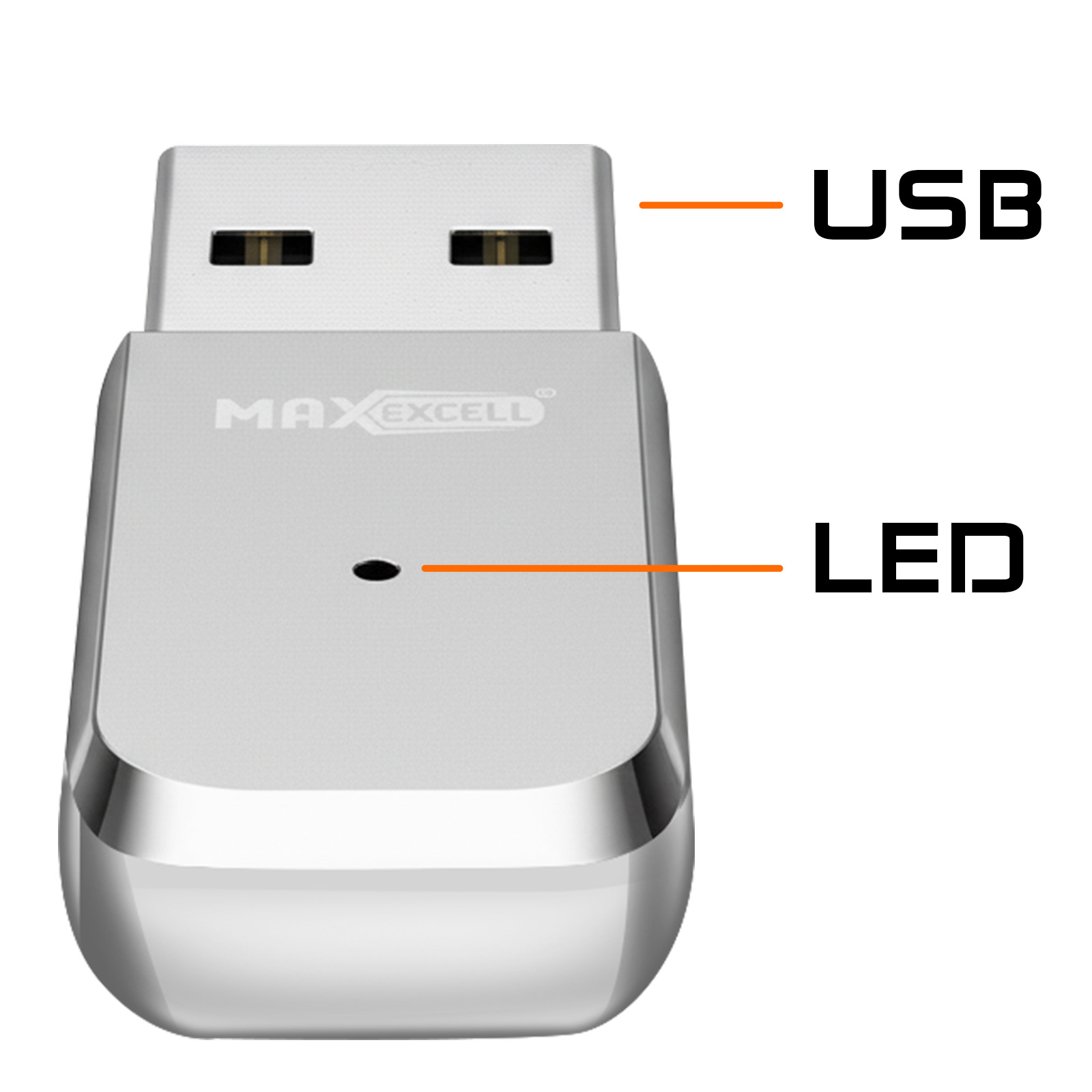 Unidad USB plateada con logo MAXEXCELL y un pequeño indicador LED.
