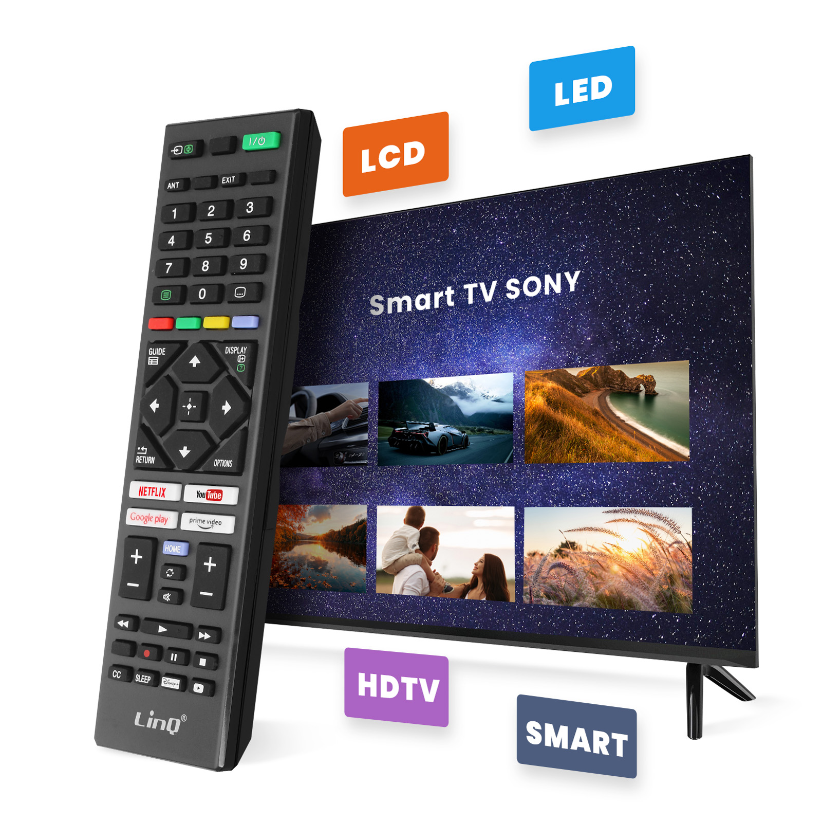 Mando a distancia negro delante de un Smart TV SONY con fondo de cielo estrellado.