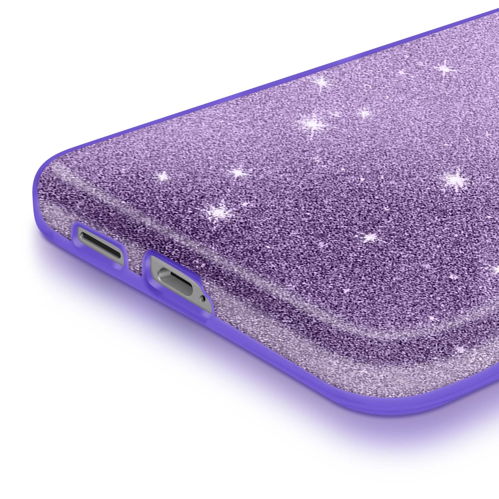 Coque de téléphone violette à paillettes avec étoiles et découpes latérales.