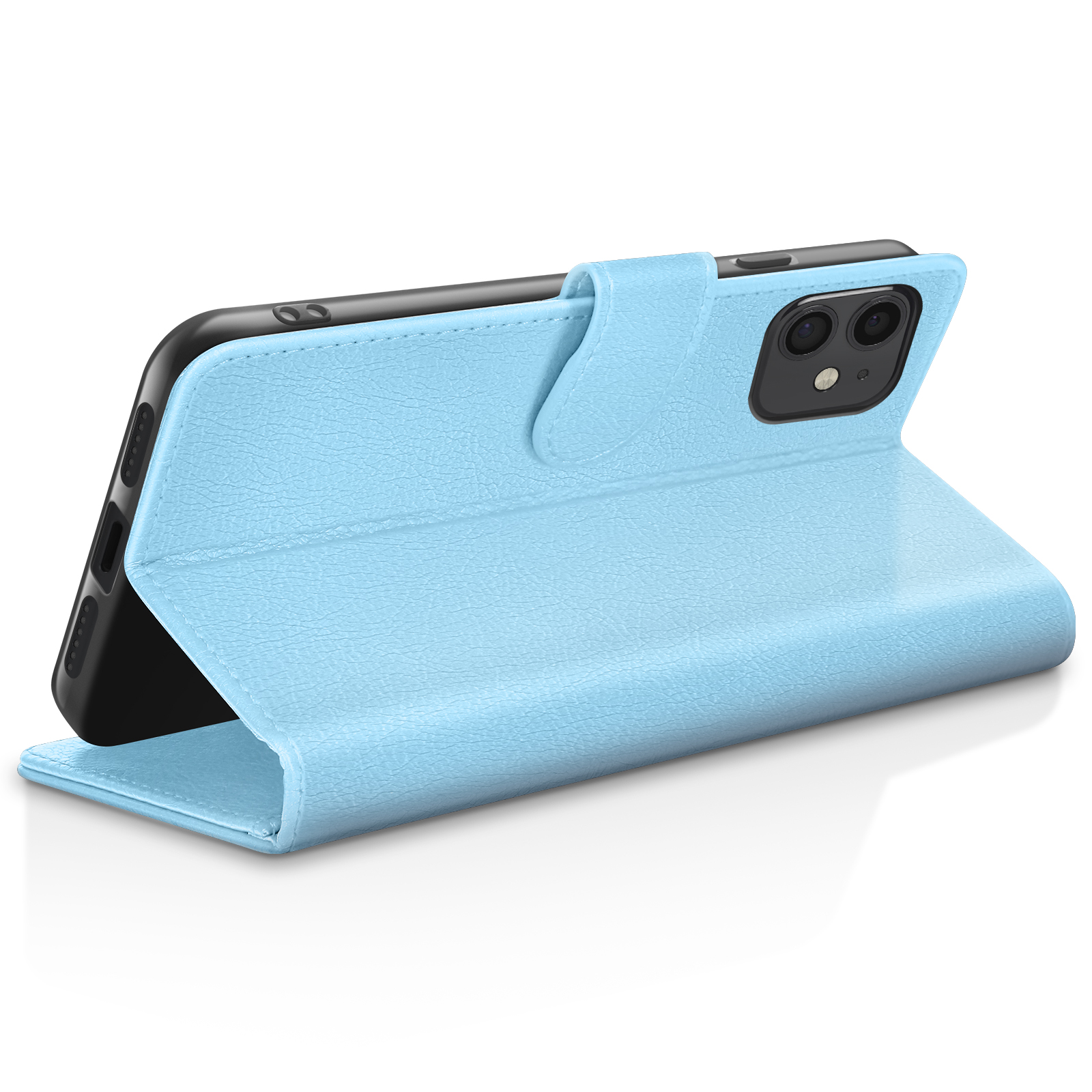 Een lichtblauwe flip telefoonhoes rust op een witte achtergrond.