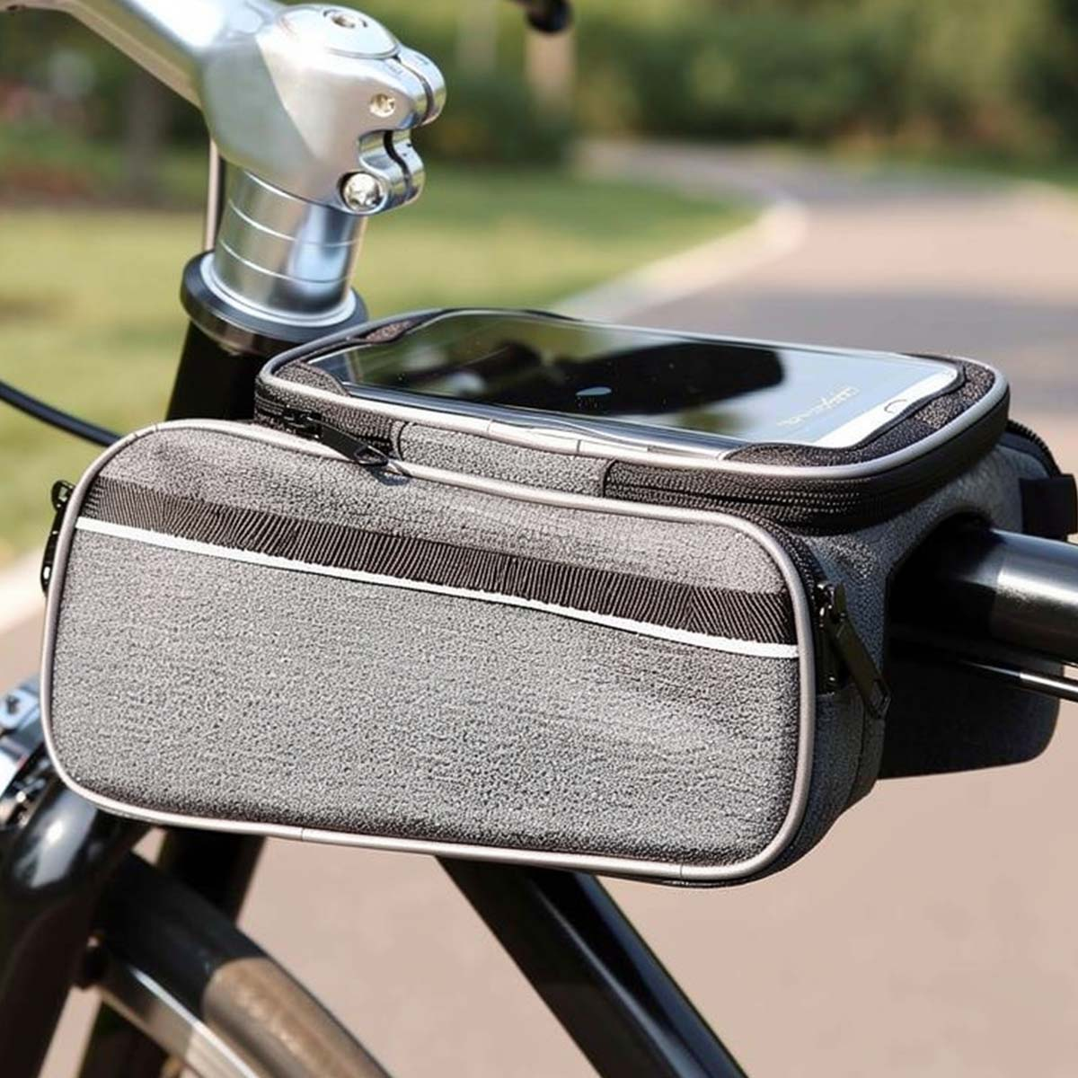 Graue Fahrradtasche mit Handyhalterung am Lenker.