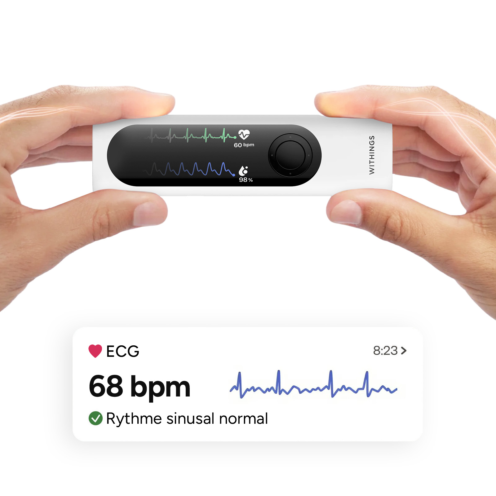 Dłonie trzymają urządzenie EKG pokazujące 60 bpm i 98%.