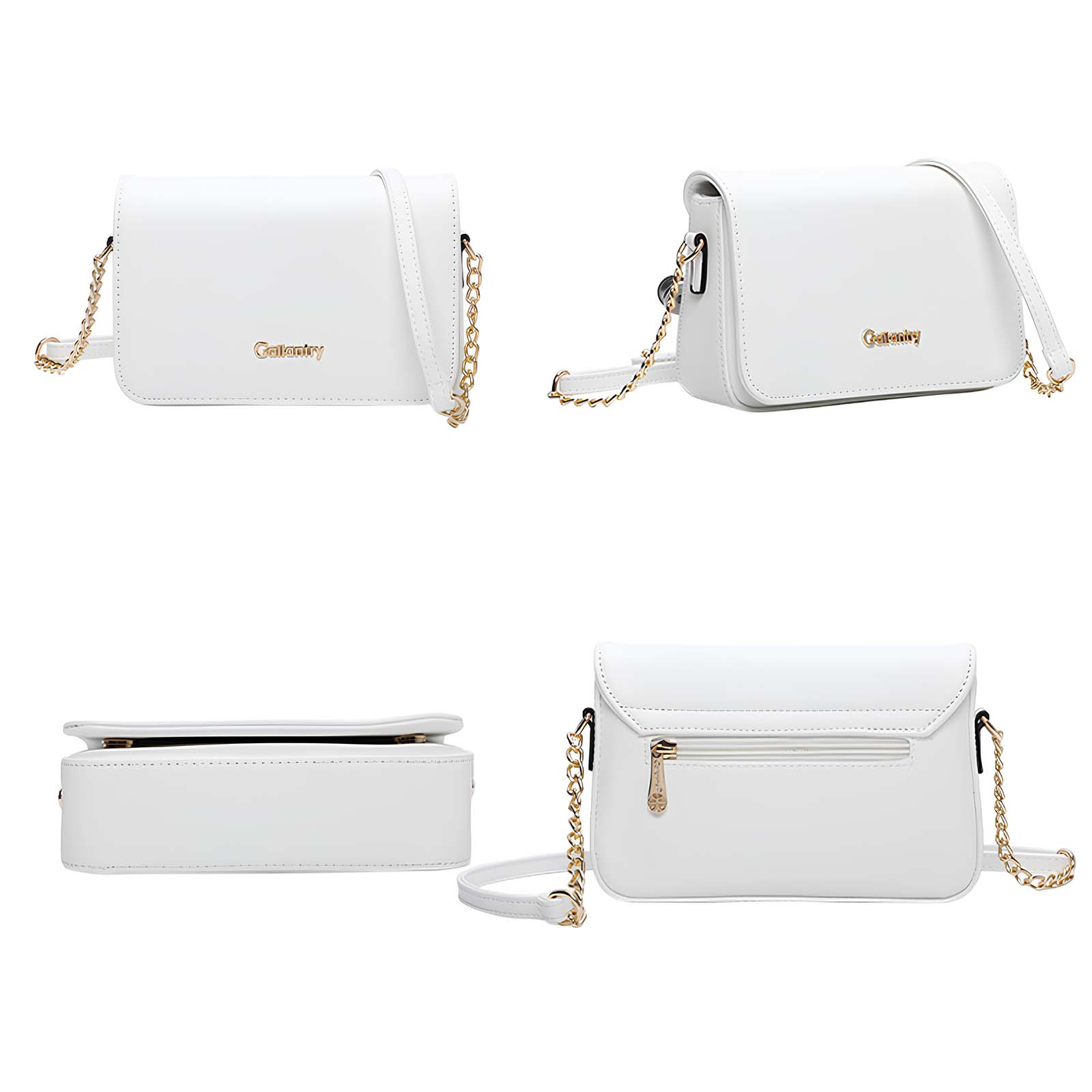 Bolso blanco cruzado con cadena dorada y logo al frente.