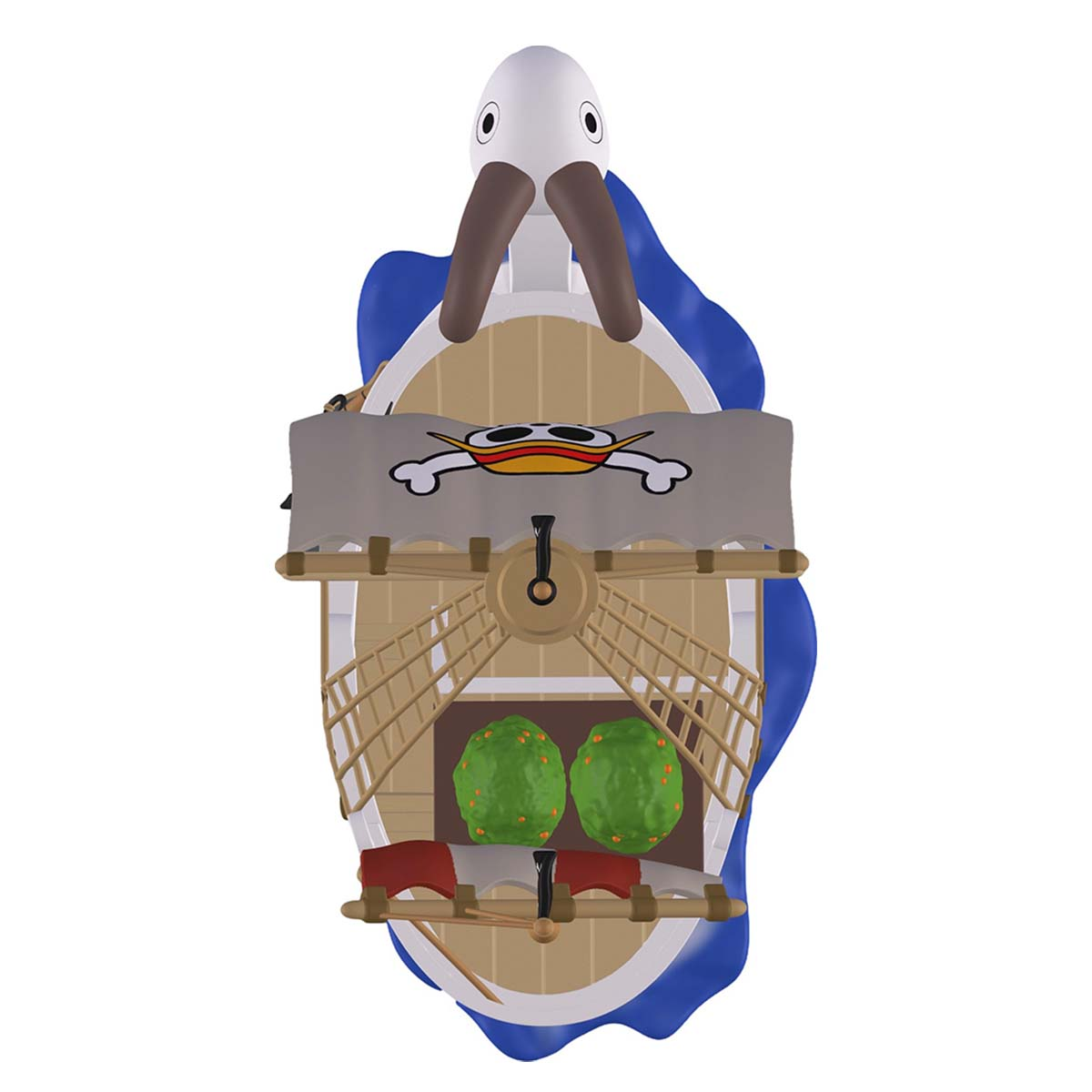 Un barco de juguete con cabeza de pájaro, vela de calavera y dos orbes verdes.