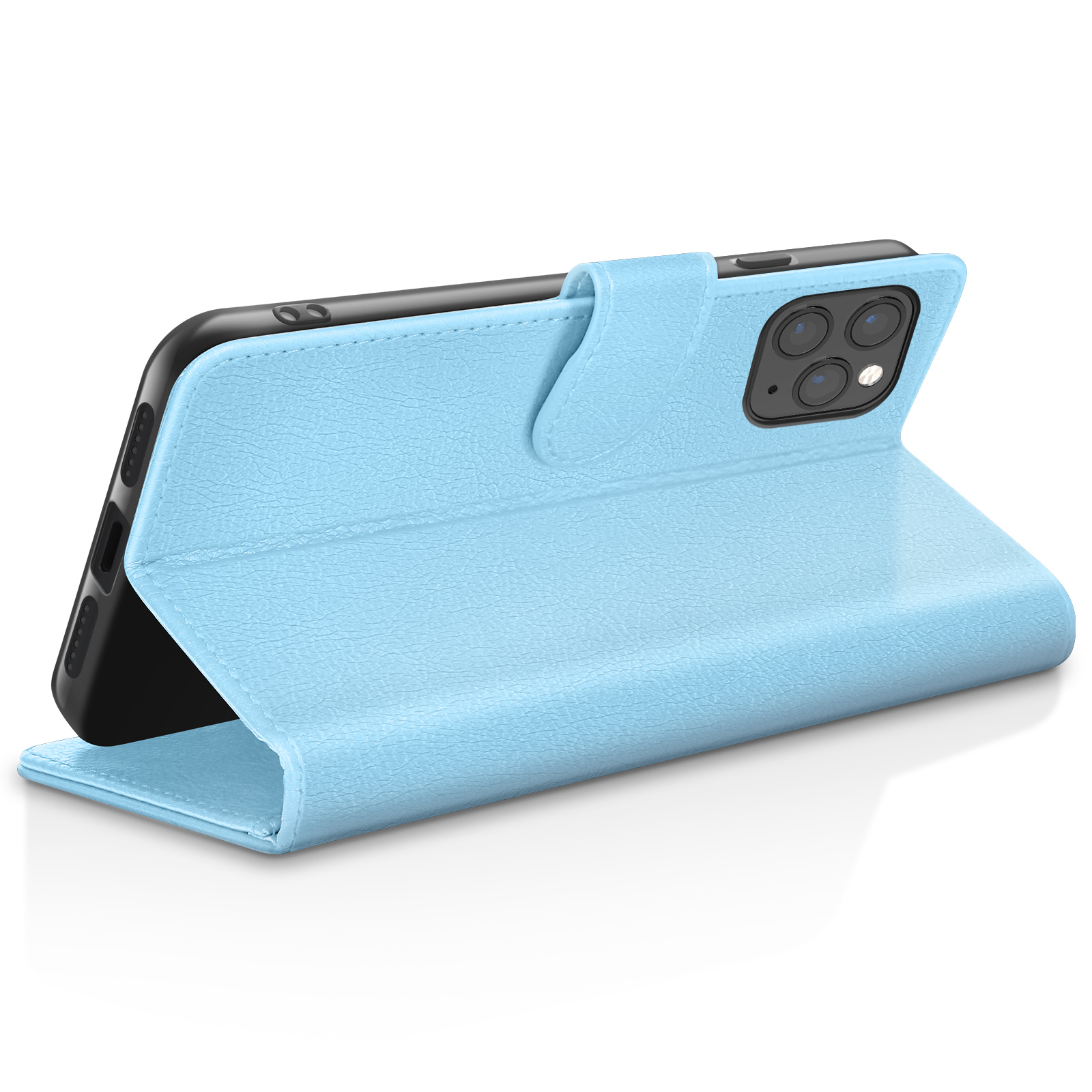 Un étui de téléphone bleu clair avec un appareil photo à l'arrière.
