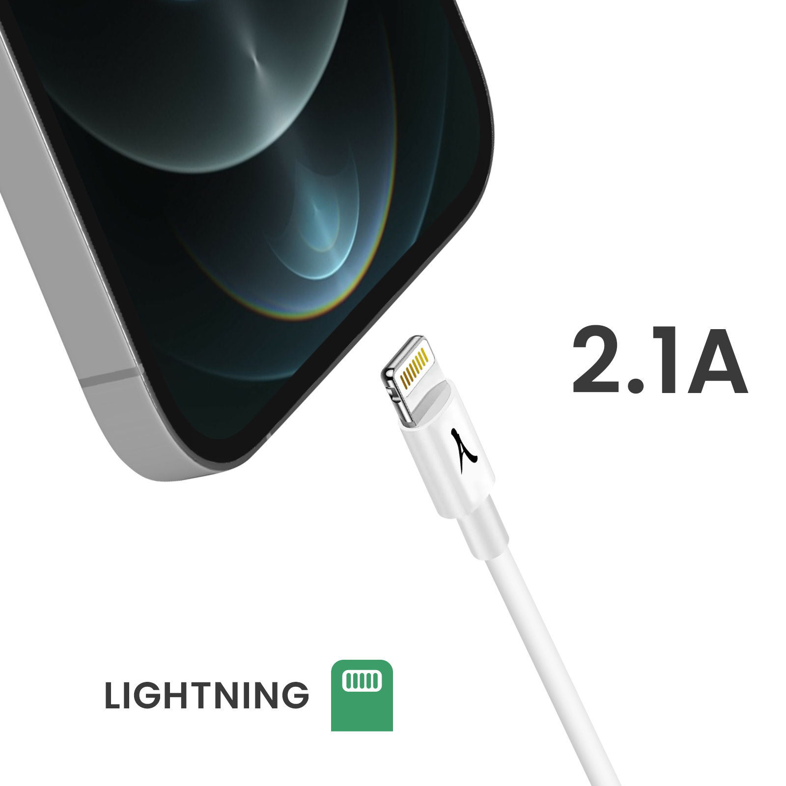 Un câble de chargement blanc se connecte à un smartphone. 2.1A.