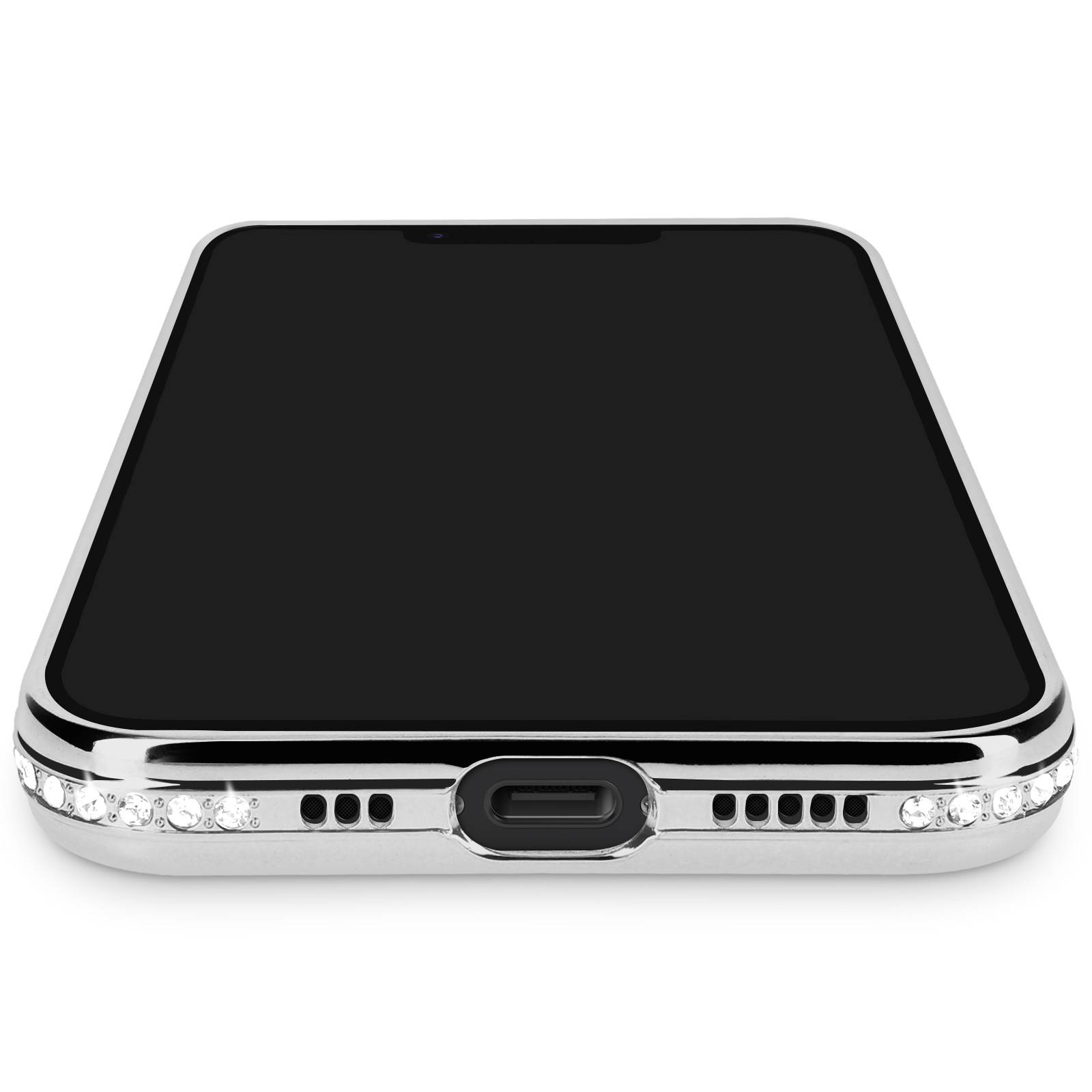 Een zilveren smartphone met zwart scherm en sprankelende juwelen langs de rand.