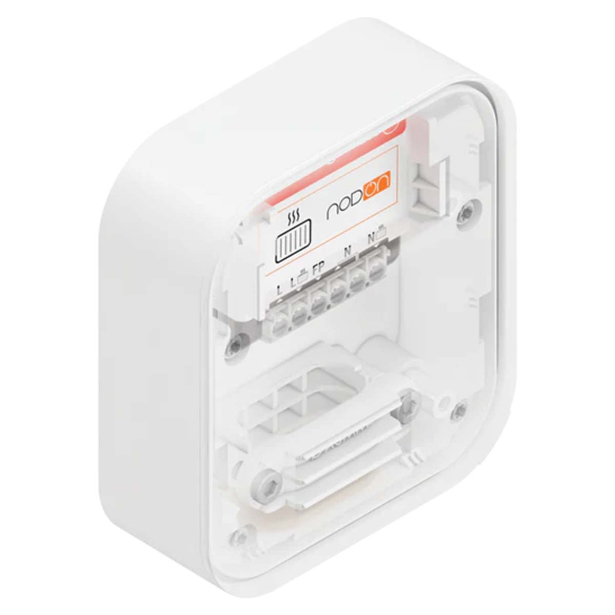 Un dispositivo tecnico bianco con cablaggio ed etichettatura visibili.