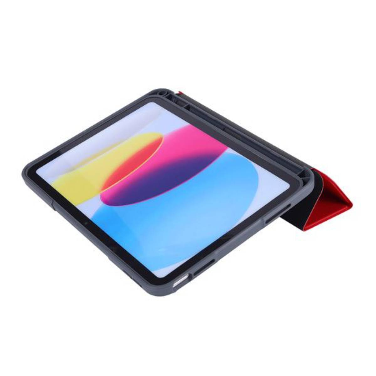 Un tablet in custodia grigia con patta rossa, su sfondo bianco.