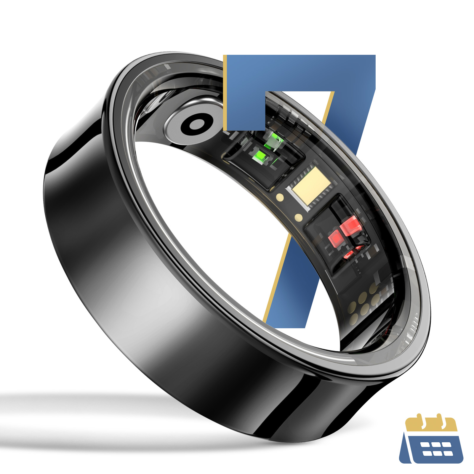 Schwarzer Smartring mit sichtbarer Platine und blauer 7. Kalendersymbol.